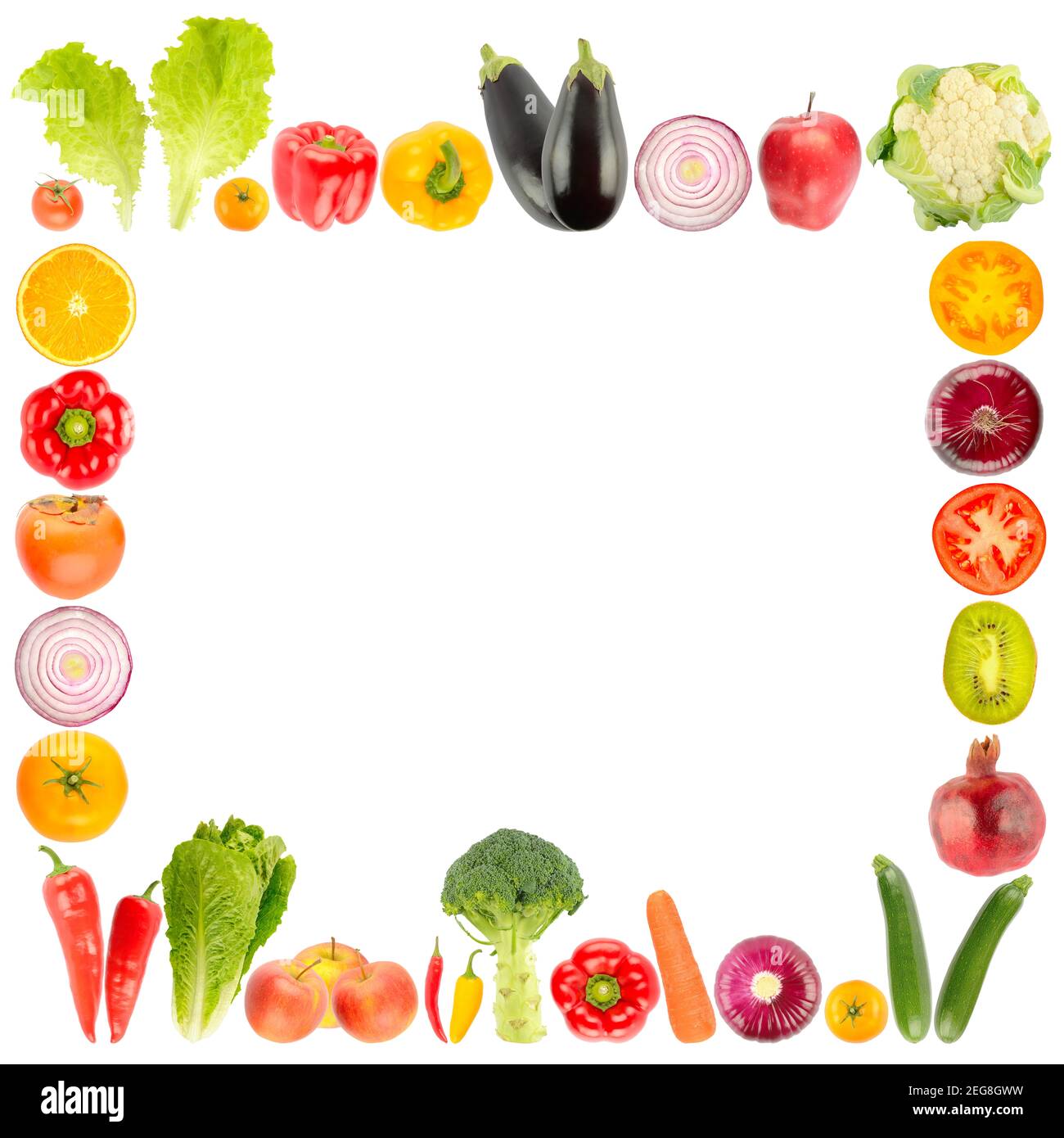Cadre carré de fruits et légumes mûrs isolé sur fond blanc Banque D'Images