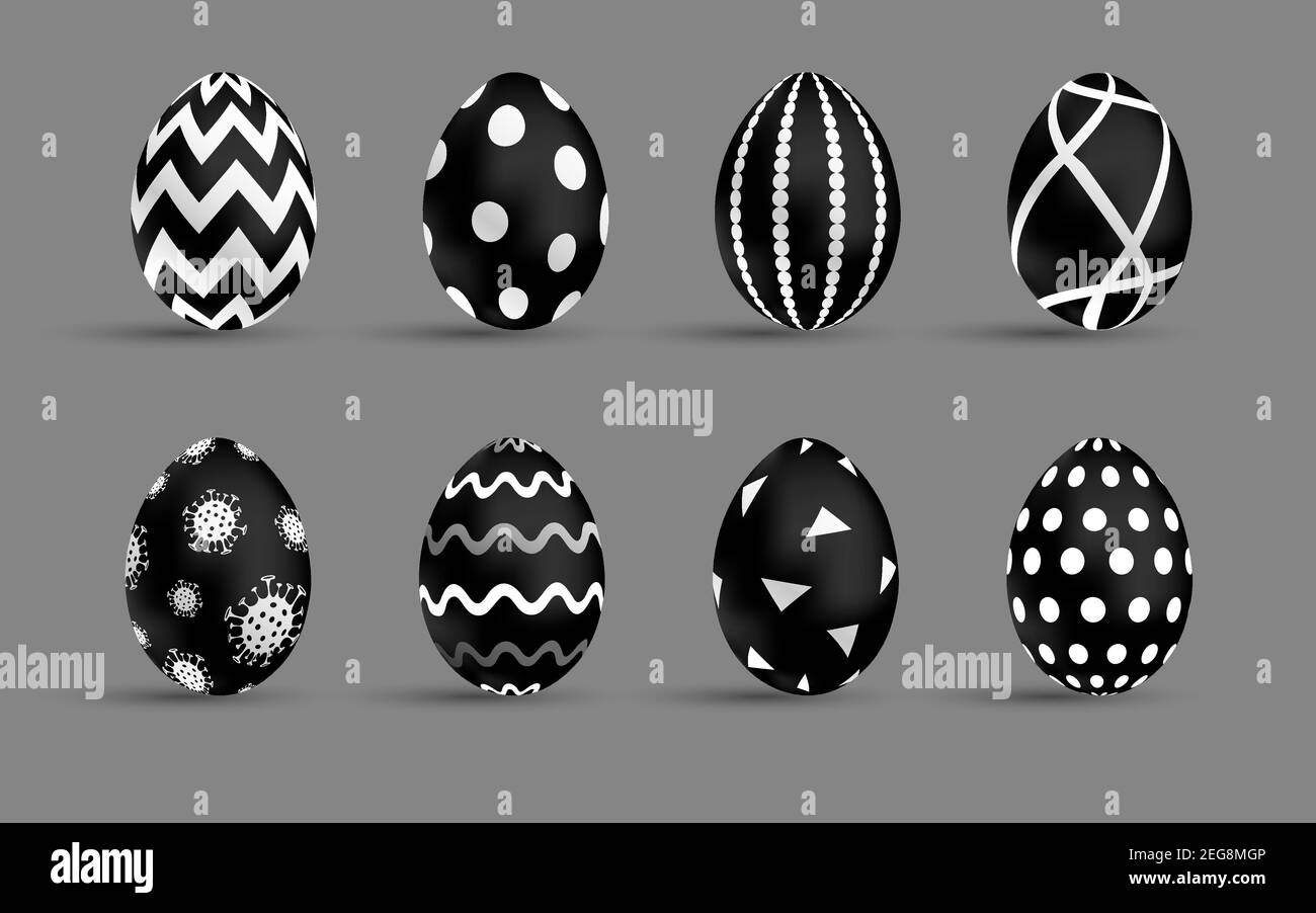 Ensemble d'œufs noirs de Pâques. Œufs de luxe avec différents ornement blanc. Vacances de printemps. Illustration vectorielle réaliste. Pour carte de vœux, promotion, affiche Illustration de Vecteur