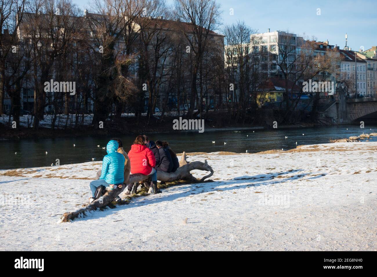 Munich, Allemagne - 13 février 2021 : personnes assises sur le tronc de l'arbre, sur le côté de l'eau de la rivière Isar, en profitant d'une journée ensoleillée en plein air Banque D'Images