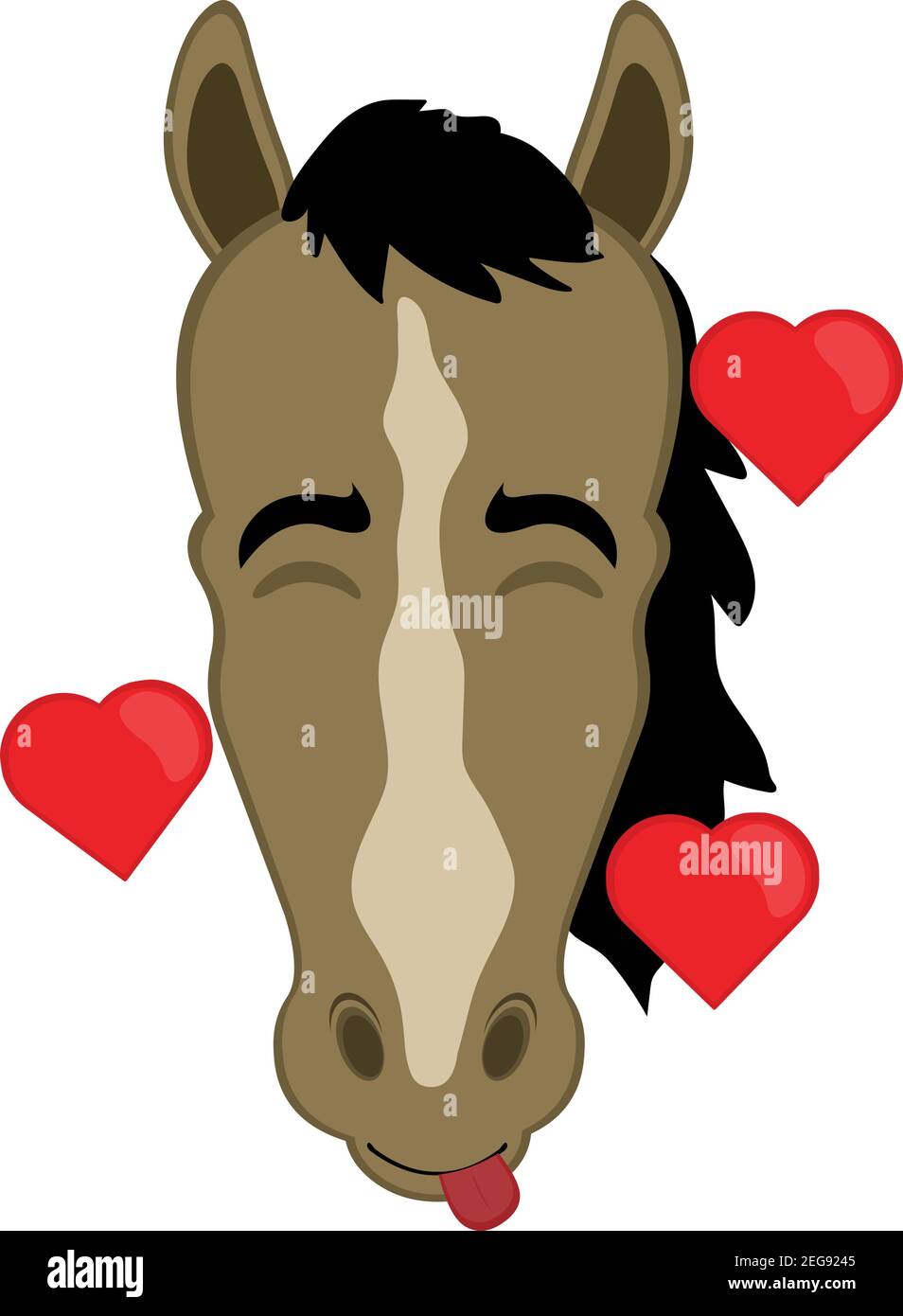 Vecteur émoticône illustration dessin animé de la tête d'un cheval avec une expression de joie, dans l'amour entouré de coeurs Illustration de Vecteur