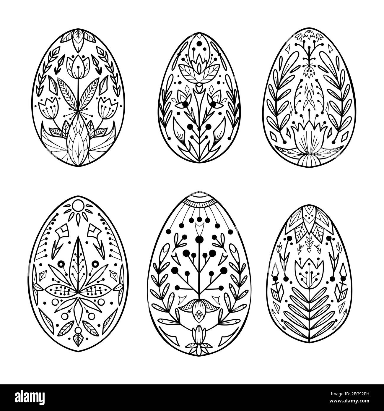 Ensemble d'œufs de Pâques avec motif folk. Régal festif avec ornements tribaux. Vacances religieuses de printemps. Contour des objets avec une tracerie naturelle Illustration de Vecteur