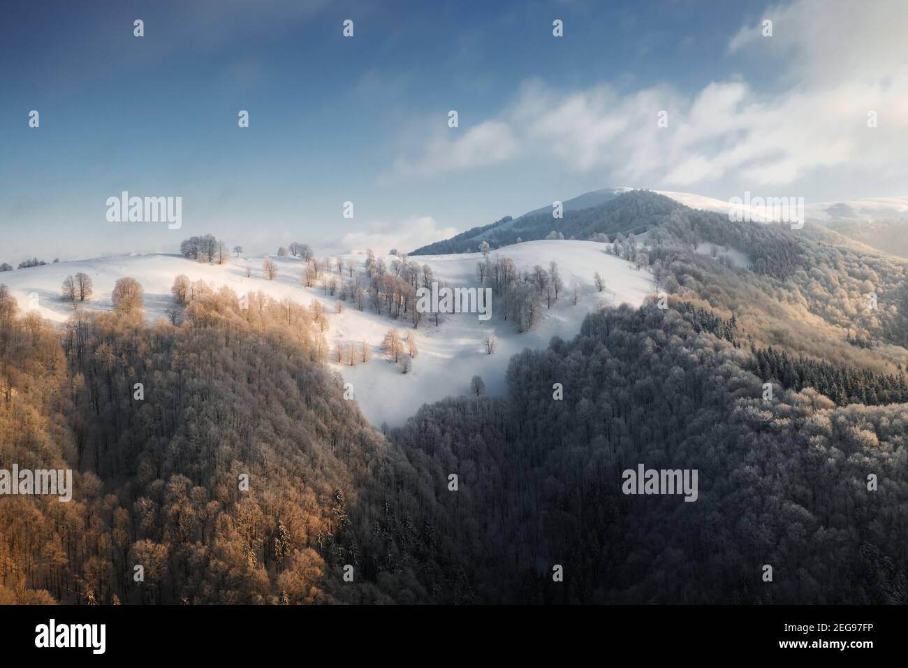 Vue aérienne incroyable sur la chaîne de montagnes, les prairies et les sommets enneigés en hiver. Forêt avec gel lumineux et lumière de lever de soleil chaude et lumineuse Banque D'Images