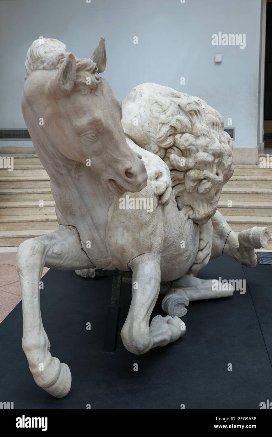 Lion attaquant une sculpture en marbre de cheval (période hellénistique, 4e siècle av. J.-C.) dans les musées du Capitole, Rome, Italie Banque D'Images