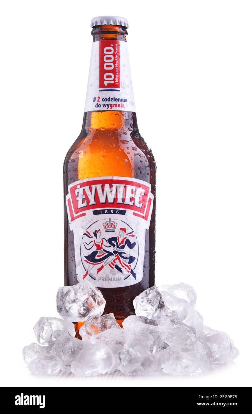 POZNAN, POL - OCT 8, 2020: Bouteille de bière Zywiec, une lager pâle, qui a été brassée en Pologne par le Groupe Zywiec, propriété de Heineken International depuis Banque D'Images