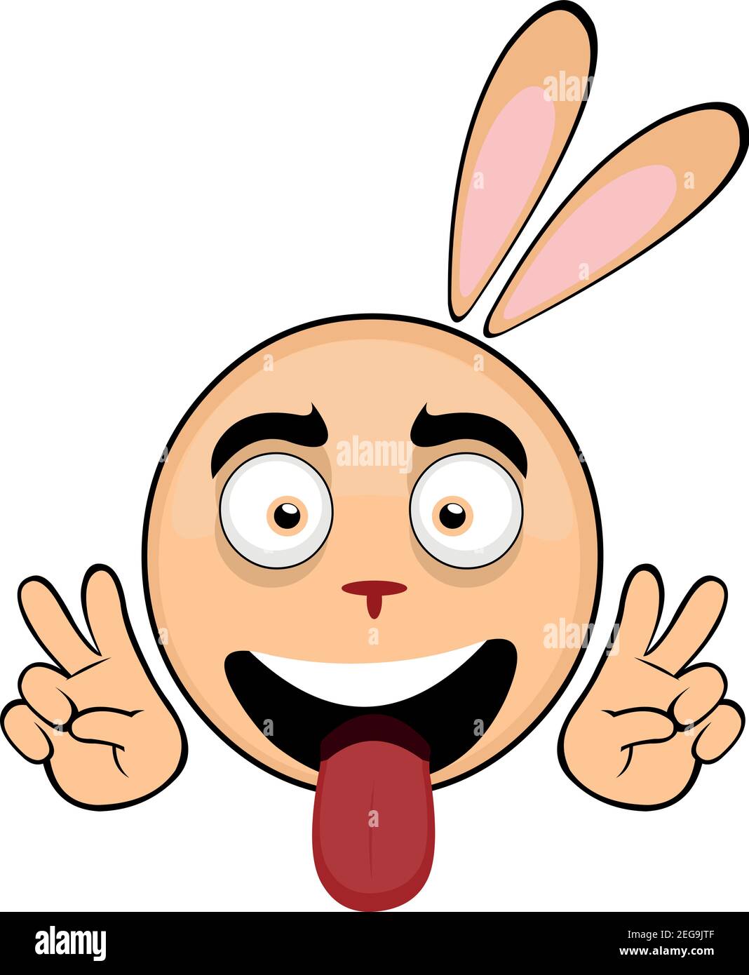 Vecteur émoticône illustration dessin animé de la tête d'un lapin avec une expression heureuse, en collant sa langue et le geste de ses mains d'amour et de paix Illustration de Vecteur