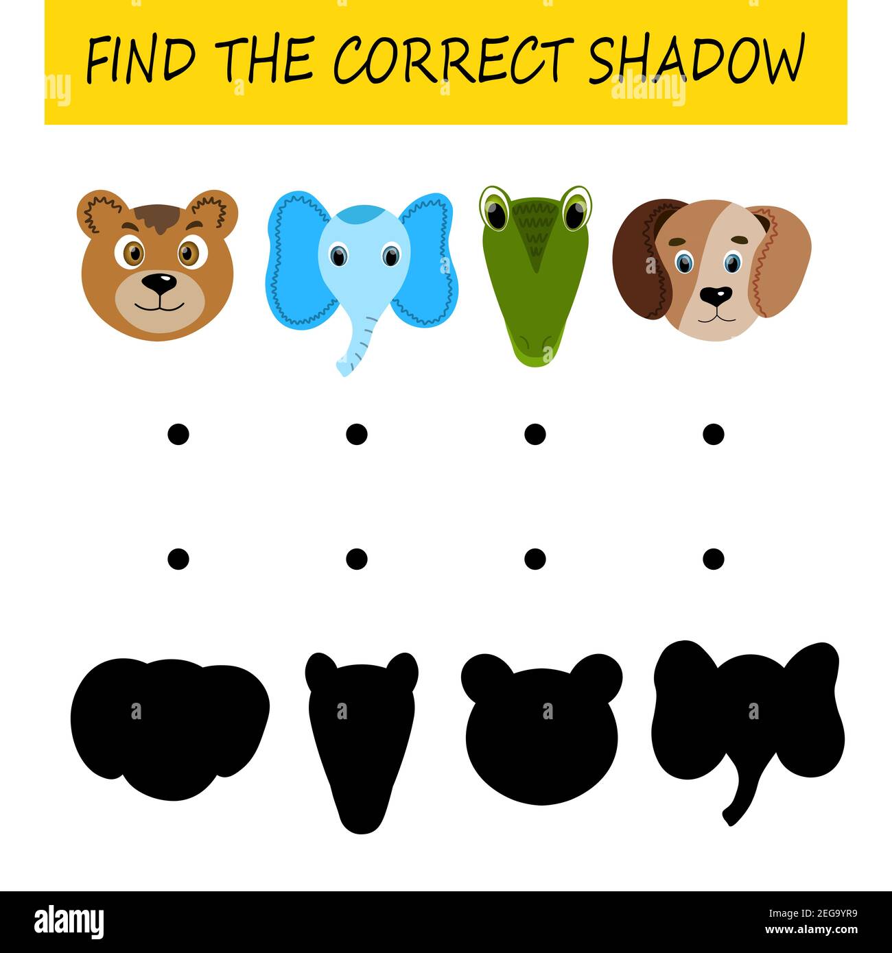 Trouvez l'ombre correcte. Carte éducative pour les enfants. Animaux mignons. Jeu logique pour les enfants. Éducation à domicile. Illustration vectorielle de dessin animé colorée. Illustration de Vecteur