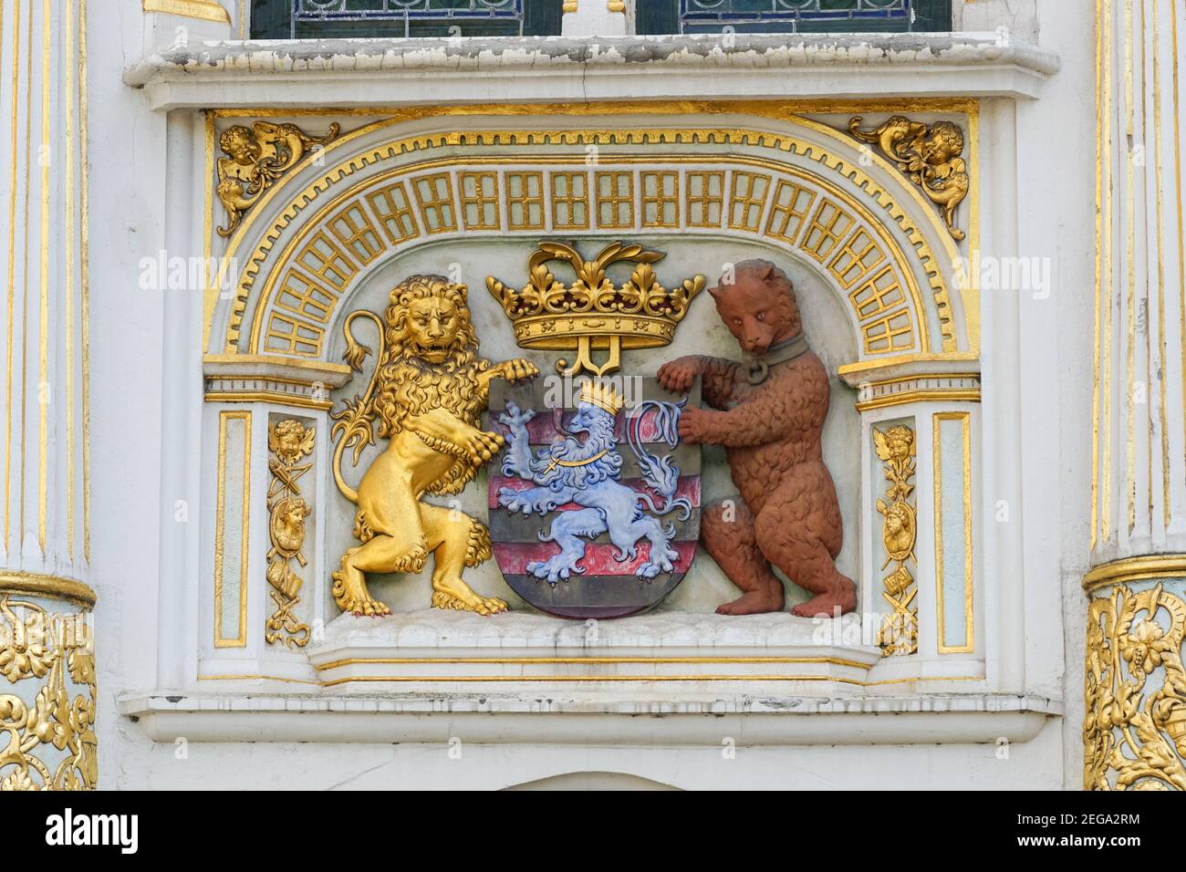 Armoiries de Bruges sur le Palais de la liberté de Bruges, Belgique Banque D'Images