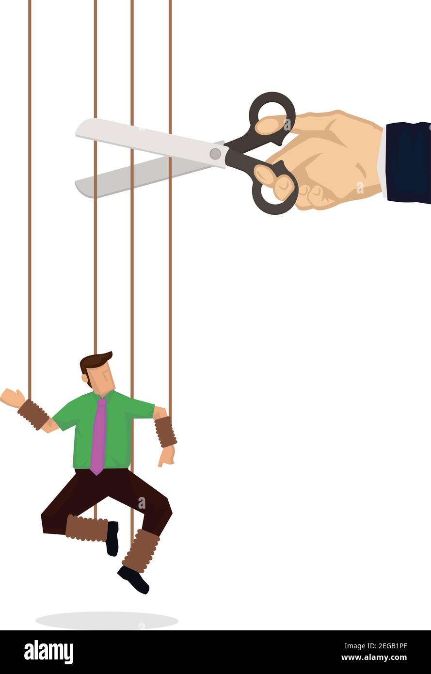 Main géante avec des ciseaux coupant les cordes attachées à l'homme d'affaires. Liberté, indépendance, libération, concept de contrôle Illustration de Vecteur
