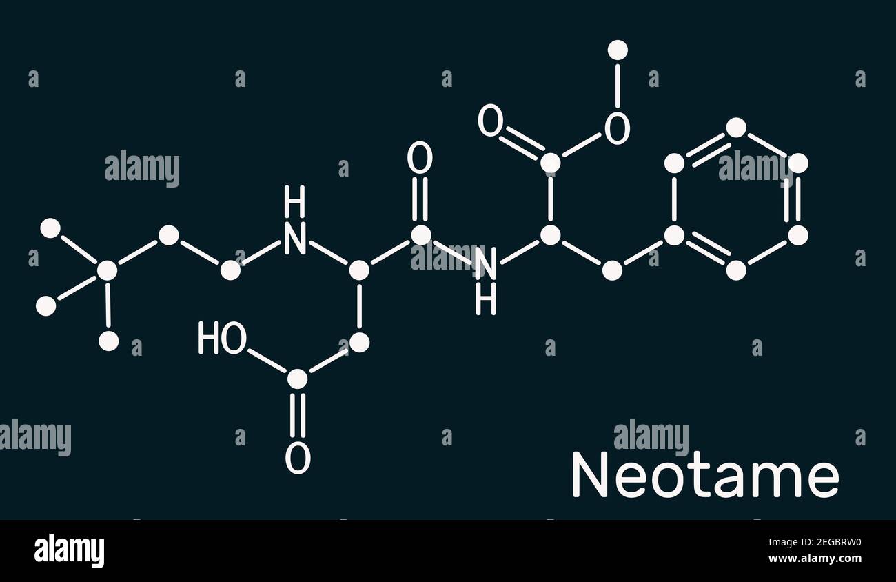 Néotame, édulcorant, molécule E961. Il est dipeptide, édulcorant artificiel, aspartame analogique. Formule chimique du squelette sur le fond bleu foncé Banque D'Images