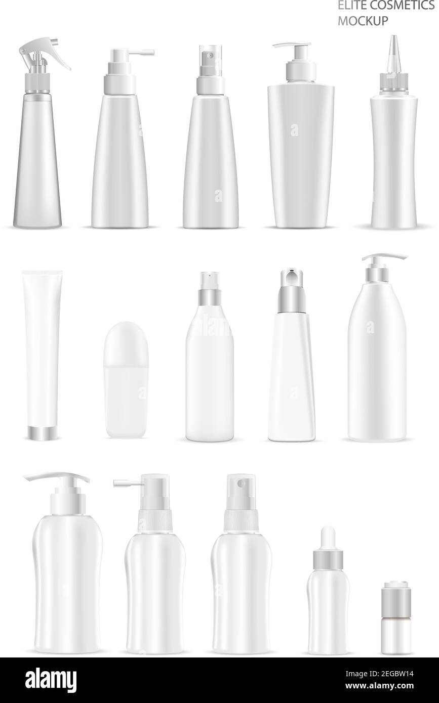 Bouteille cosmétique. Contenant vectoriel vierge pour lotion, shampooing, crème et soin de beauté. Pompe de distribution, kit de pulvérisation. Conception 3d de l'emballage en plastique blanc. Réaliste Illustration de Vecteur