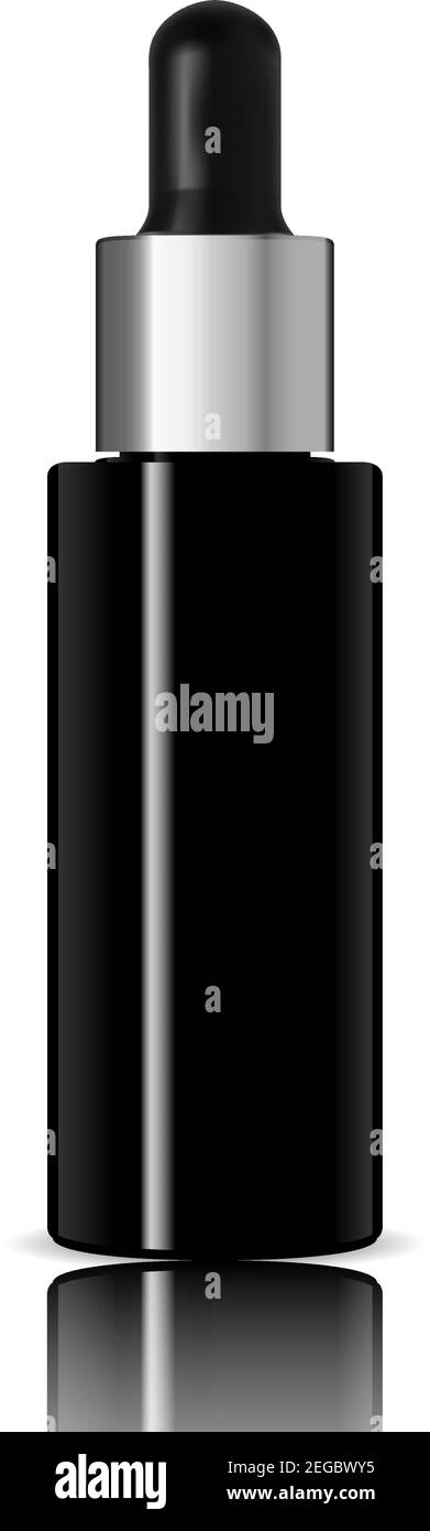 Flacon compte-gouttes. Maquette de sérum cosmétique noir. Potentiomètre de compte-gouttes Emballage d'huile essentielle Isolated on White. Bouchon de flacon en verre pour pipette. Naturel ou Medi Illustration de Vecteur