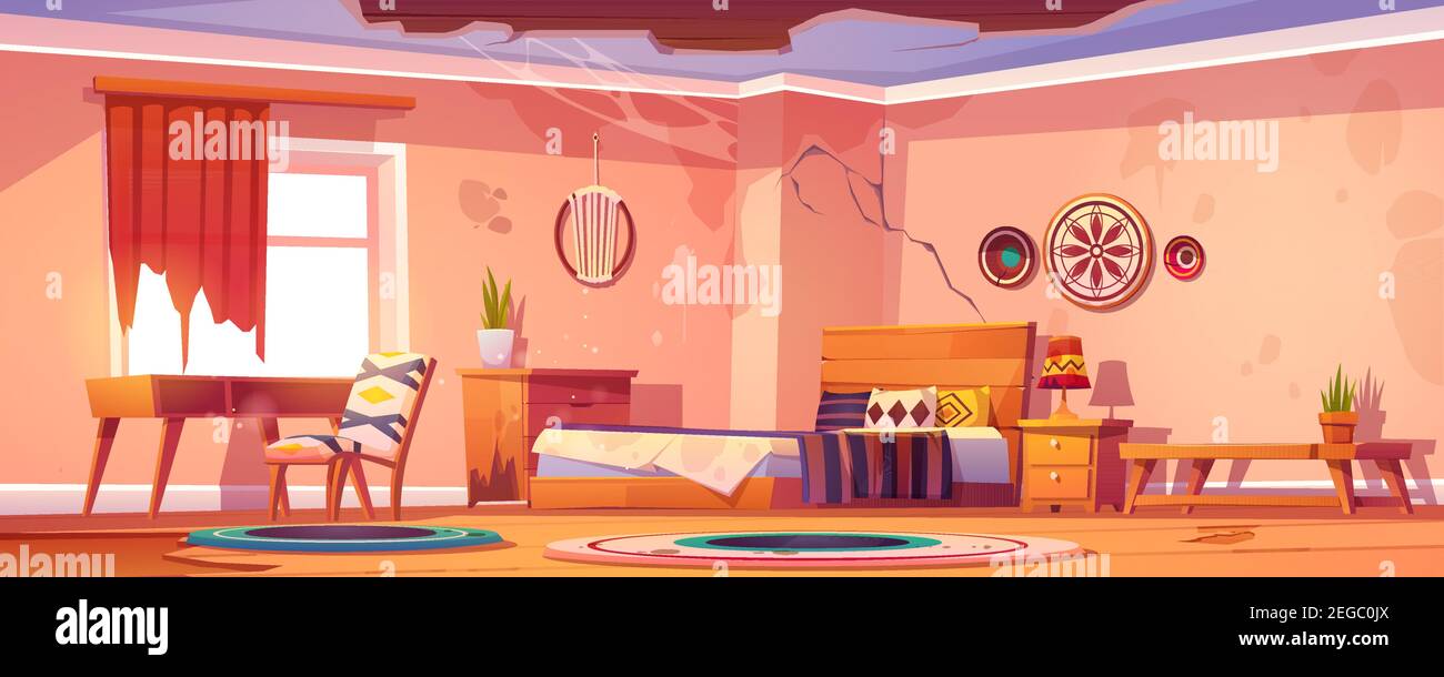 Chambre à coucher de bohème abandonnée, chambre de boho vide négligé avec meubles cassés, murs fissurés et plafond cassé avec toile d'araignée, appartement de maison déserté ou l'hôtel dessin vectoriel de Cartoon Illustration de Vecteur