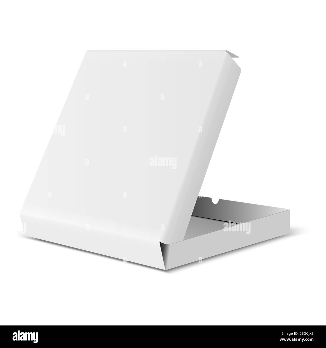 Maquette de boîte à pizza. Emballage alimentaire rapide blanc vierge. Modèle de conditionnement papier pour livraison de produits du restaurant. Emballage en carton carré ouvert. feuilles de carton 3d Illustration de Vecteur