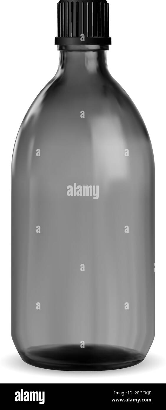 Bouteille noire. Pot médical en verre. Maquette de flacon de sirop. Conditionnement pharmaceutique pour la vitamine ou l'huile aromatique essentielle. Médical pharmaceutique 3d à conception ronde Illustration de Vecteur