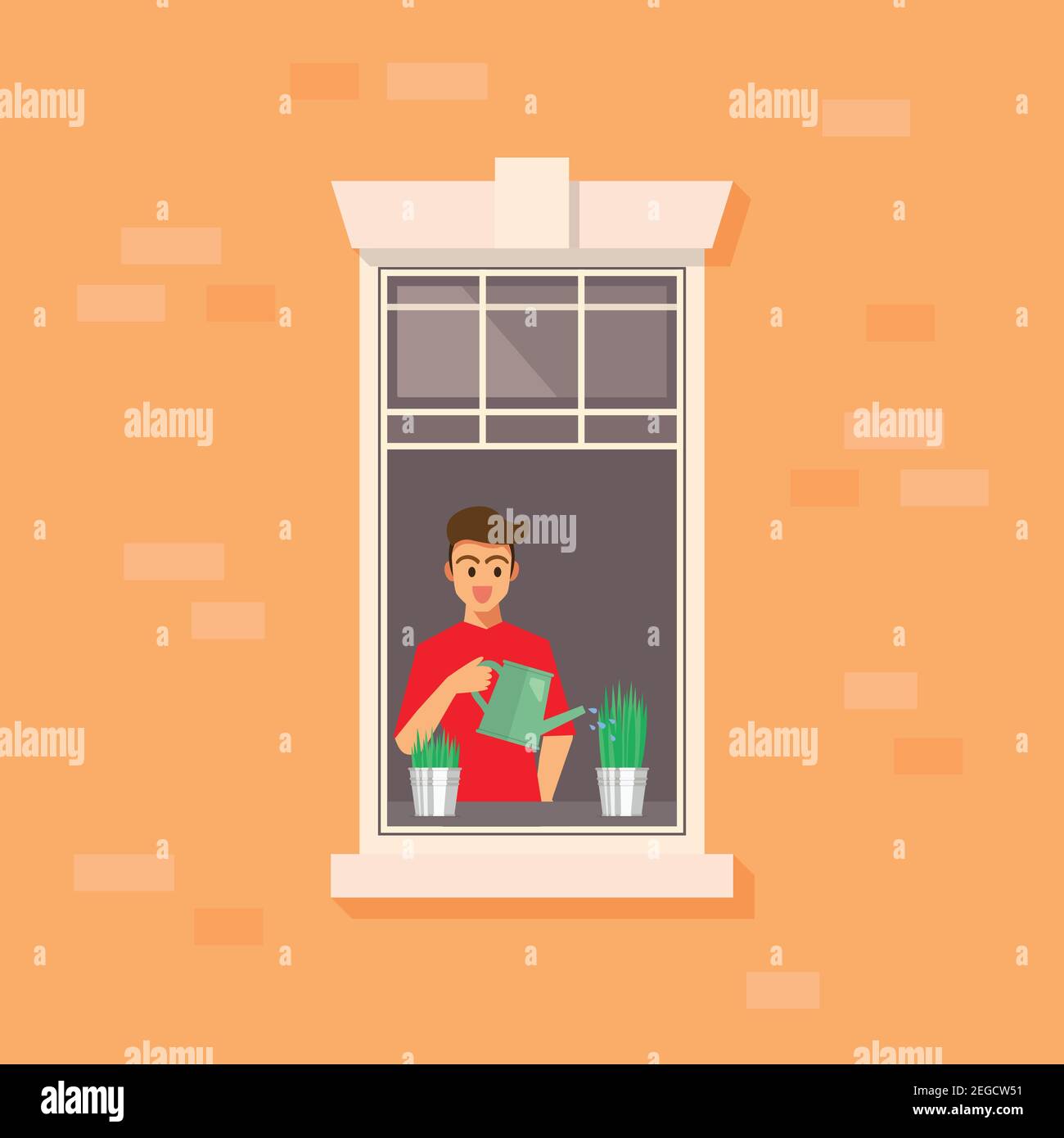 Fenêtre de l'appartement avec arrosoir homme. Illustration vectorielle. Illustration de Vecteur