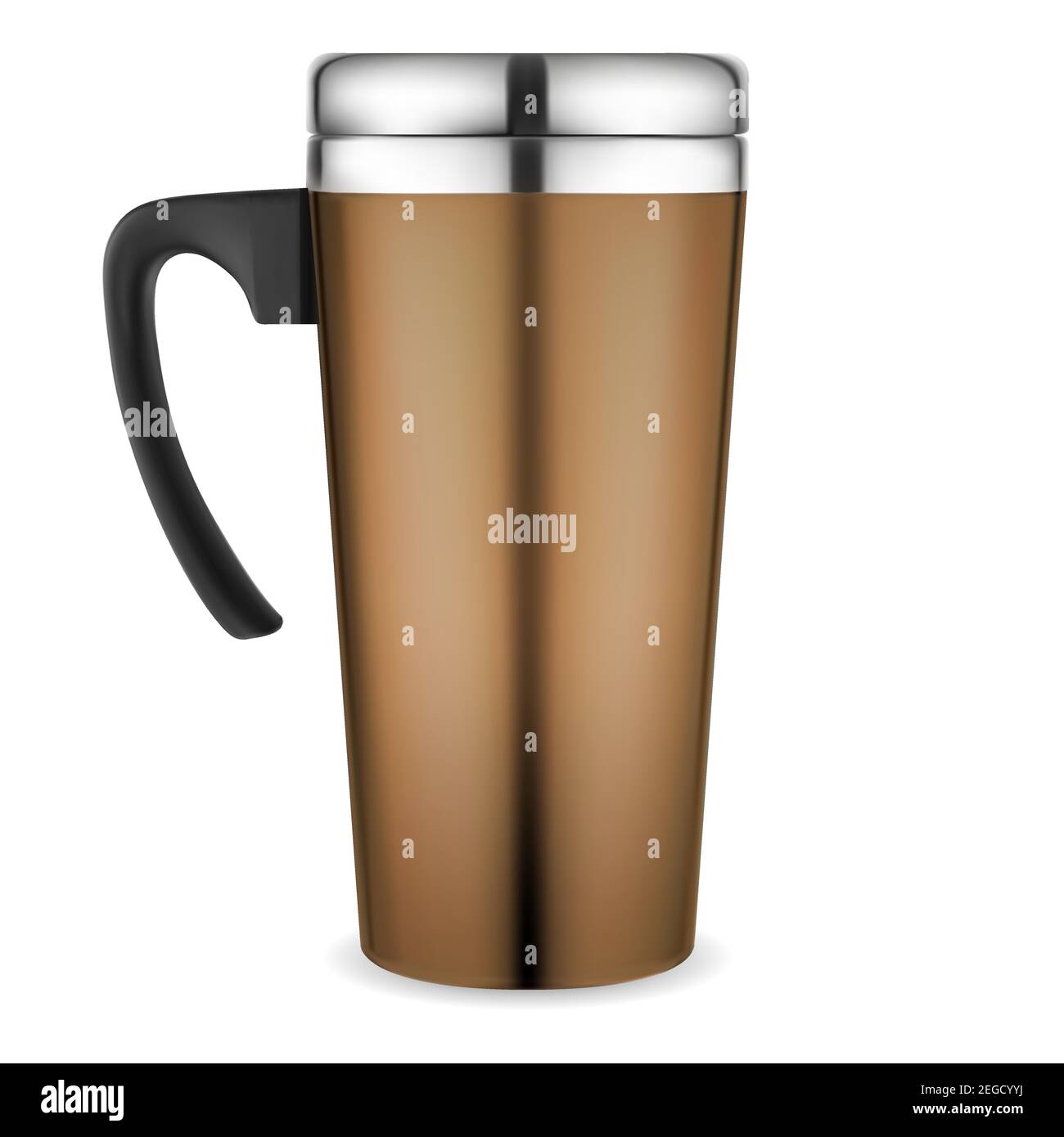 Maquette thermotasse. Tasse à café de voyage. Flacon métallique isolé sous vide avec poignée en plastique pour la marque de l'entreprise. Modèle de couvercle en acier argenté brillant pour la chaleur Illustration de Vecteur