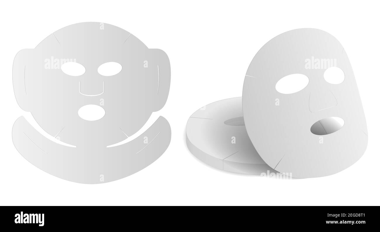 Masque facial. Maquette 3d de produit de collagène de beauté. Humidité faciale femme concept de vecteur cosmétique. Emballage du testeur de papier jetable ou de coton sur le blanc Illustration de Vecteur