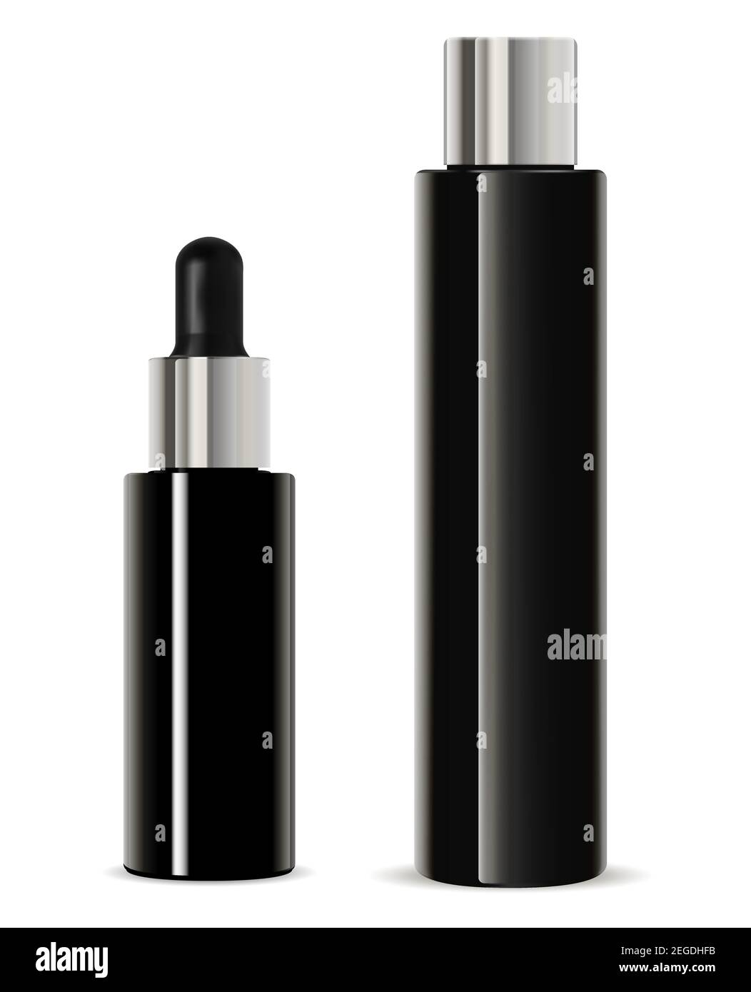 Flacon compte-gouttes noir. Sérum cosmétique, shampooing, mockup Lotion. Emballage d'huile essentielle Isolated on White. Potentiomètre de compte-gouttes Réflectio. De la pipette Illustration de Vecteur
