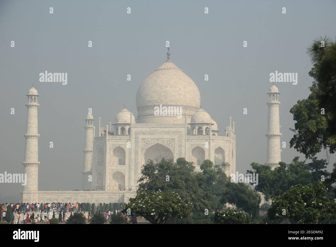 Le Taj Mahal est un mausolée en marbre blanc ivoire sur la rive sud de la rivière Yamuna dans la ville indienne d'Agra. Banque D'Images