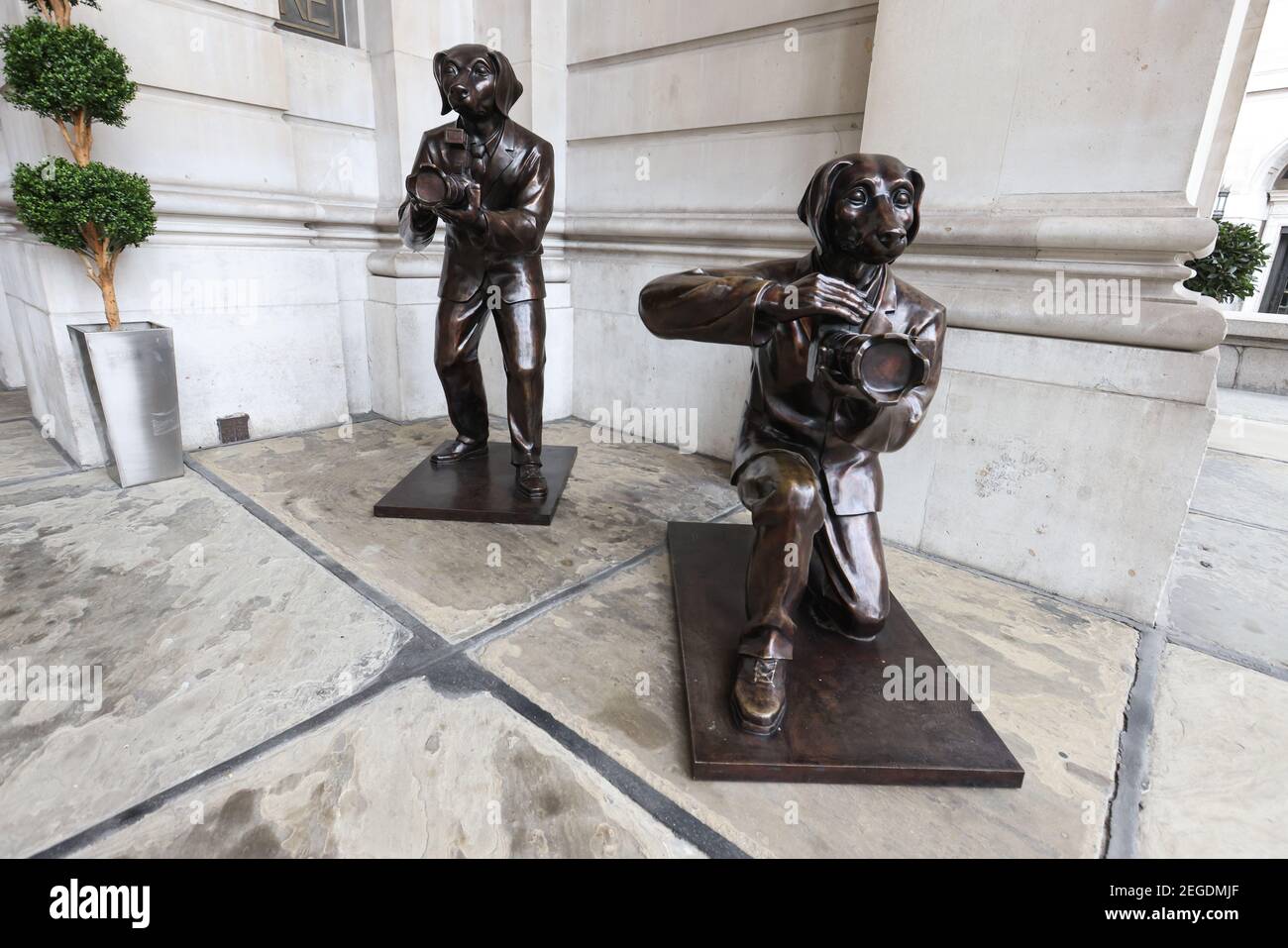 17 février 2021, Bourse royale, Londres, Royaume-Uni, Paparazzi chiens sculpture, Par Gillie et Marc. Banque D'Images