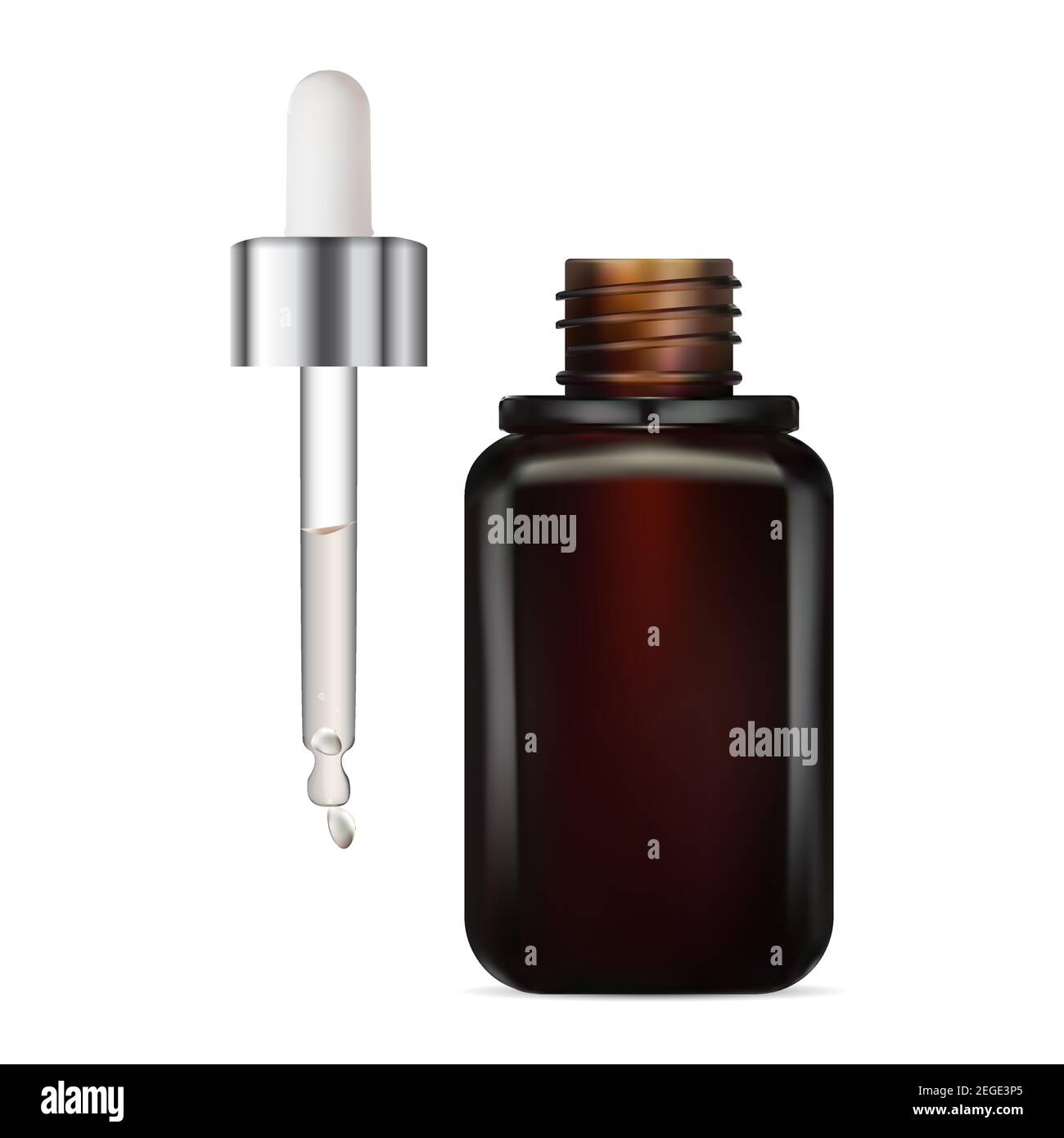 Maquette de flacon de sérum compte-gouttes pour les yeux. Récipient en verre brun pour liquide d'humidité de soin du visage. Pipette avec goutte de bulle d'huile essentielle transparente. pac. Liquide Premium Illustration de Vecteur