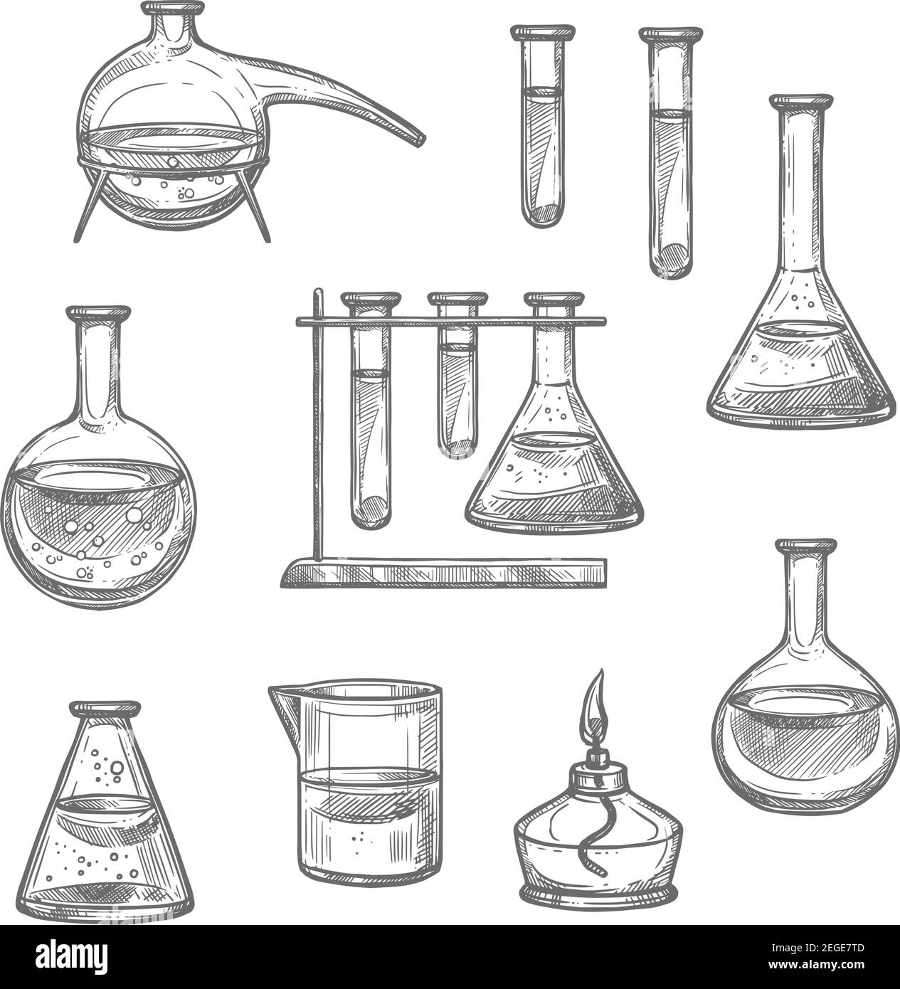 Kit de croquis de verrerie de laboratoire et d'équipement. Flacon en verre de laboratoire chimique, tube à essai et bécher, lampe à rétort et lampe à alcool icône isolée pour chemica Illustration de Vecteur