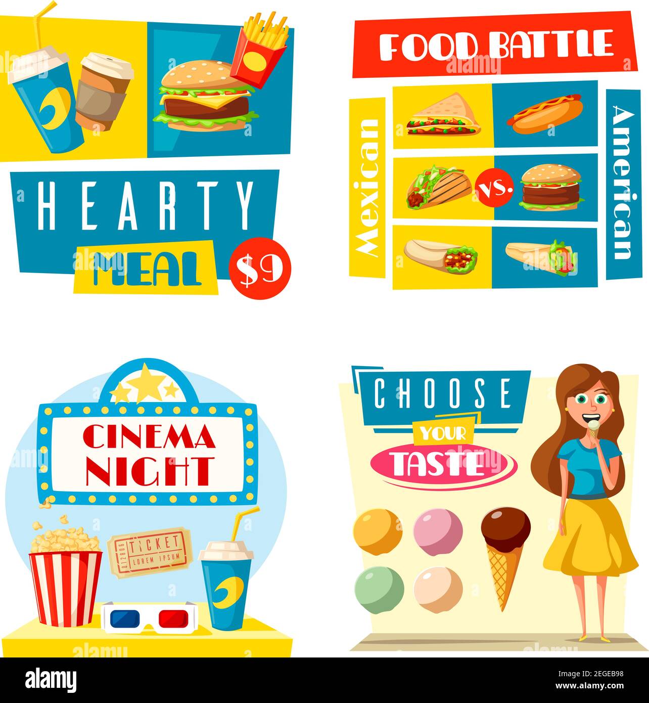 Affiches de restauration rapide pour le bar de cinéma ou le bistro de café fastfood. Motif vectoriel plat de femme fille avec livraison de pizza à la crème glacée, hamburger ou sandwich et chaud Illustration de Vecteur