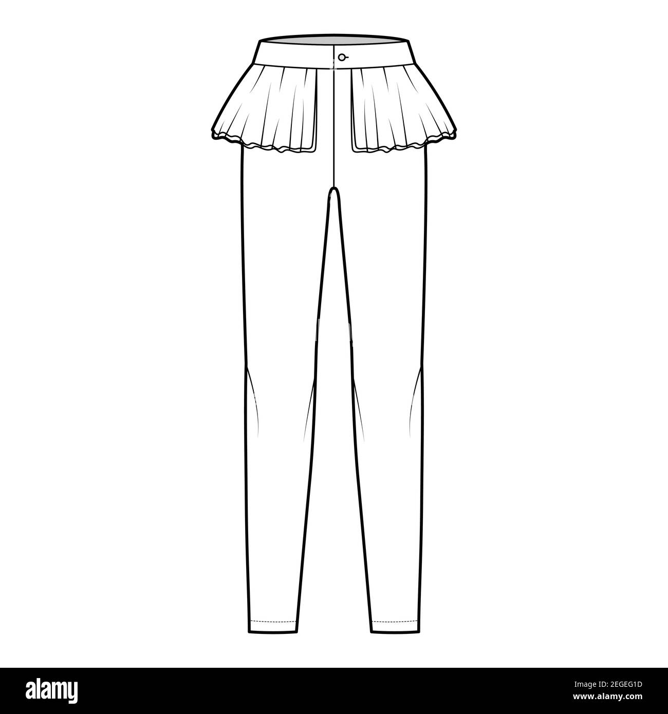 Pantalon peplum illustration technique de la mode avec taille basse, taille,  longueur, jupe à volants 2 couches. Pantalon sans pinces modèle de vêtement  avant, couleur blanche. Femmes hommes unisexe CAD maquette Image