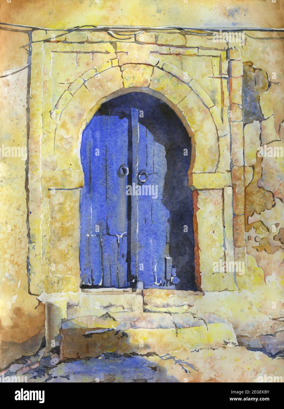 Porte bleue sur la maison à Sidi Bou Said- Tunisie. Porte tunisienne beaux-arts peinture aquarelle Banque D'Images