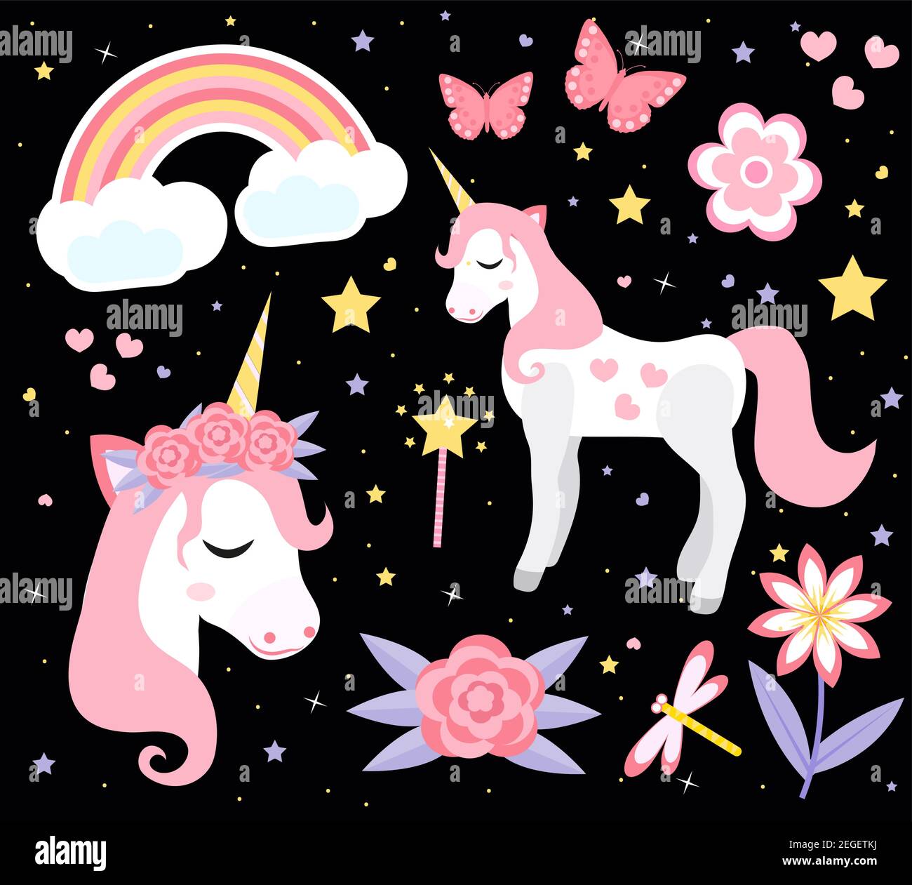 Ensemble de licorne mignon petit, style dessin animé moderne. Collection de contes de fées pour les enfants avec arc-en-ciel, fleurs, étoiles, magie. Illustration vectorielle. Illustration de Vecteur