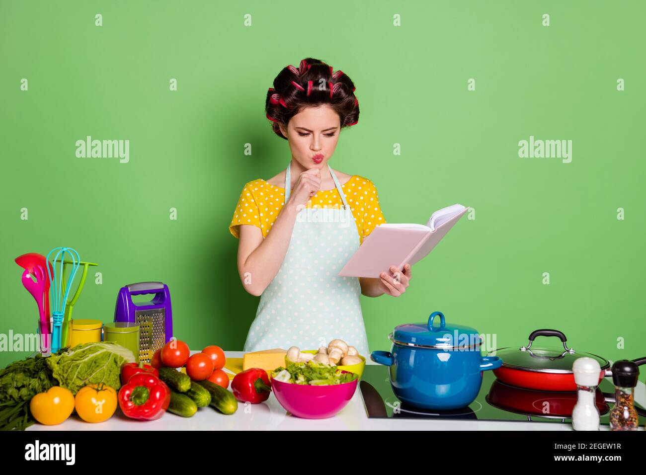 Portrait d'elle belle belle mûre glamour mûre d'esprit femme au foyer lire livre culinaire apprendre la cuisine restaurant domestique rester à la maison cours Banque D'Images