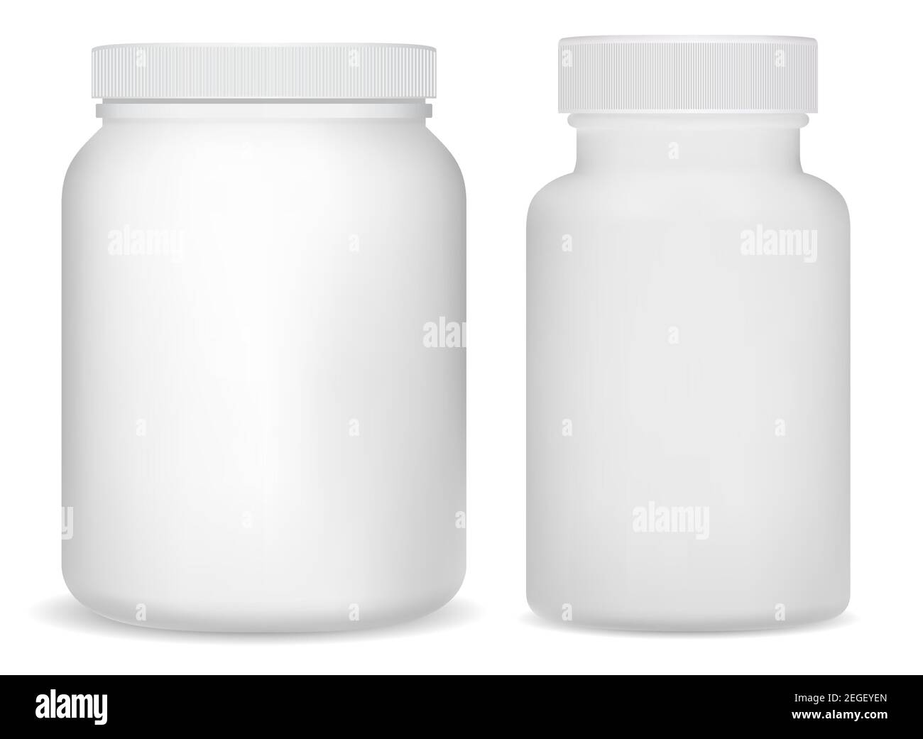Bouteilles de supplément en plastique blanc. Pot de sport pour poudre de protéine de lactosérum. Tube de bouteille de vitamine 3D. Emballage des comprimés nutritionnels. Aspirine medi Illustration de Vecteur