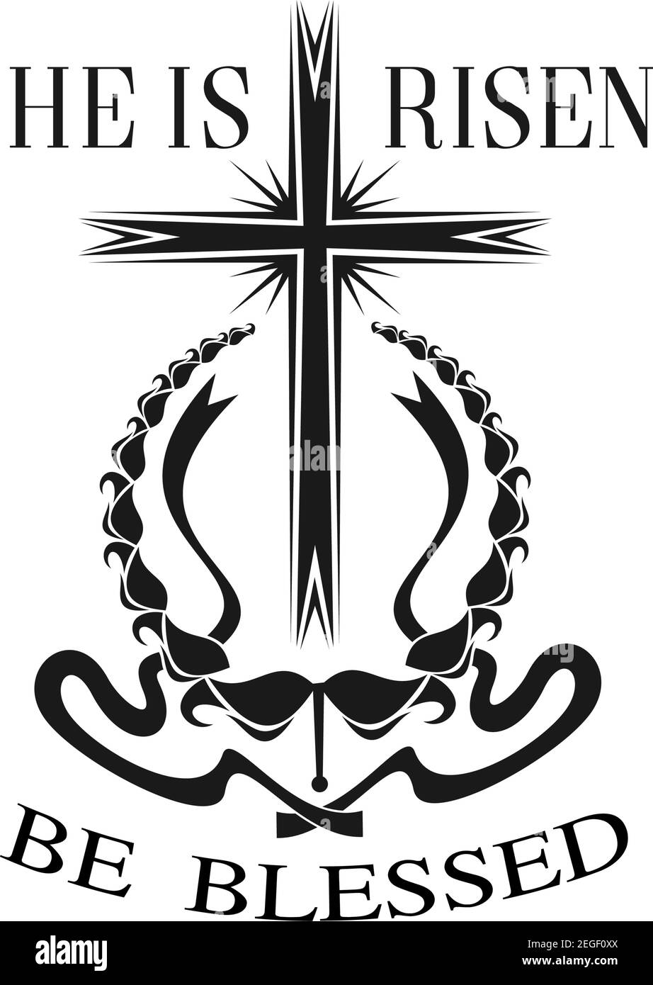Pâques il est l'icône de croix ressuscité pour la fête religieuse chrétienne du dimanche de la Résurrection. Symbole vectoriel isolé de la crucifixion croisée dans la couronne de Laurier ornée Illustration de Vecteur