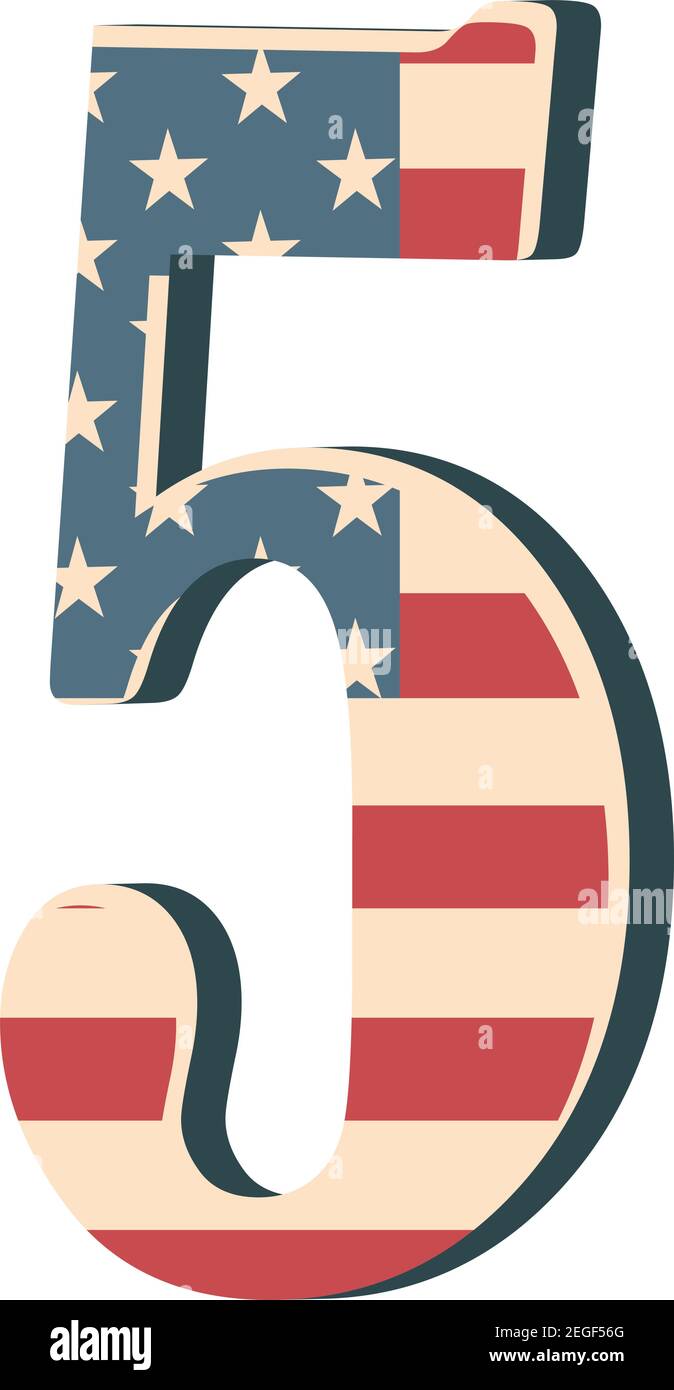 Numéro 5 en majuscule avec texture de drapeau américain isolée sur fond blanc. Illustration vectorielle. Élément de conception. Alphabet pour enfants. USA drapeau patri Illustration de Vecteur