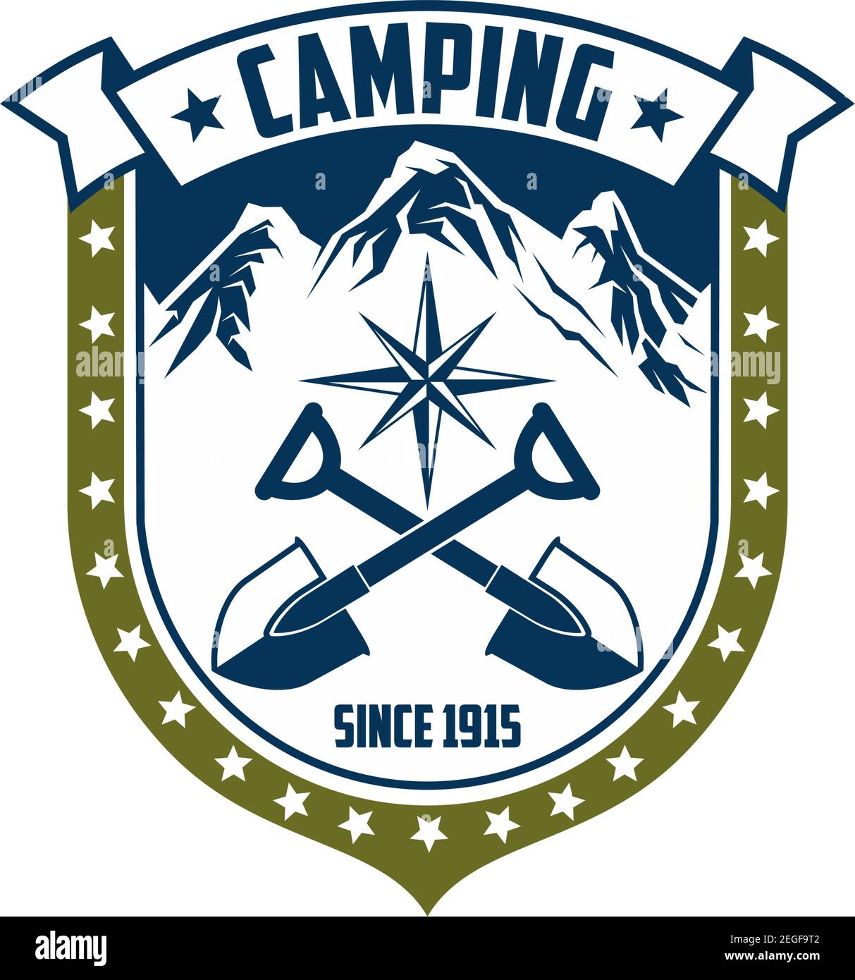 Le camping ou l'alpinisme est une icône d'aventure extrême pour une excursion en plein air dans les montagnes alpines. Badge vectoriel isolé de roches ou de montages Alp, boussole adn croisé s. Illustration de Vecteur