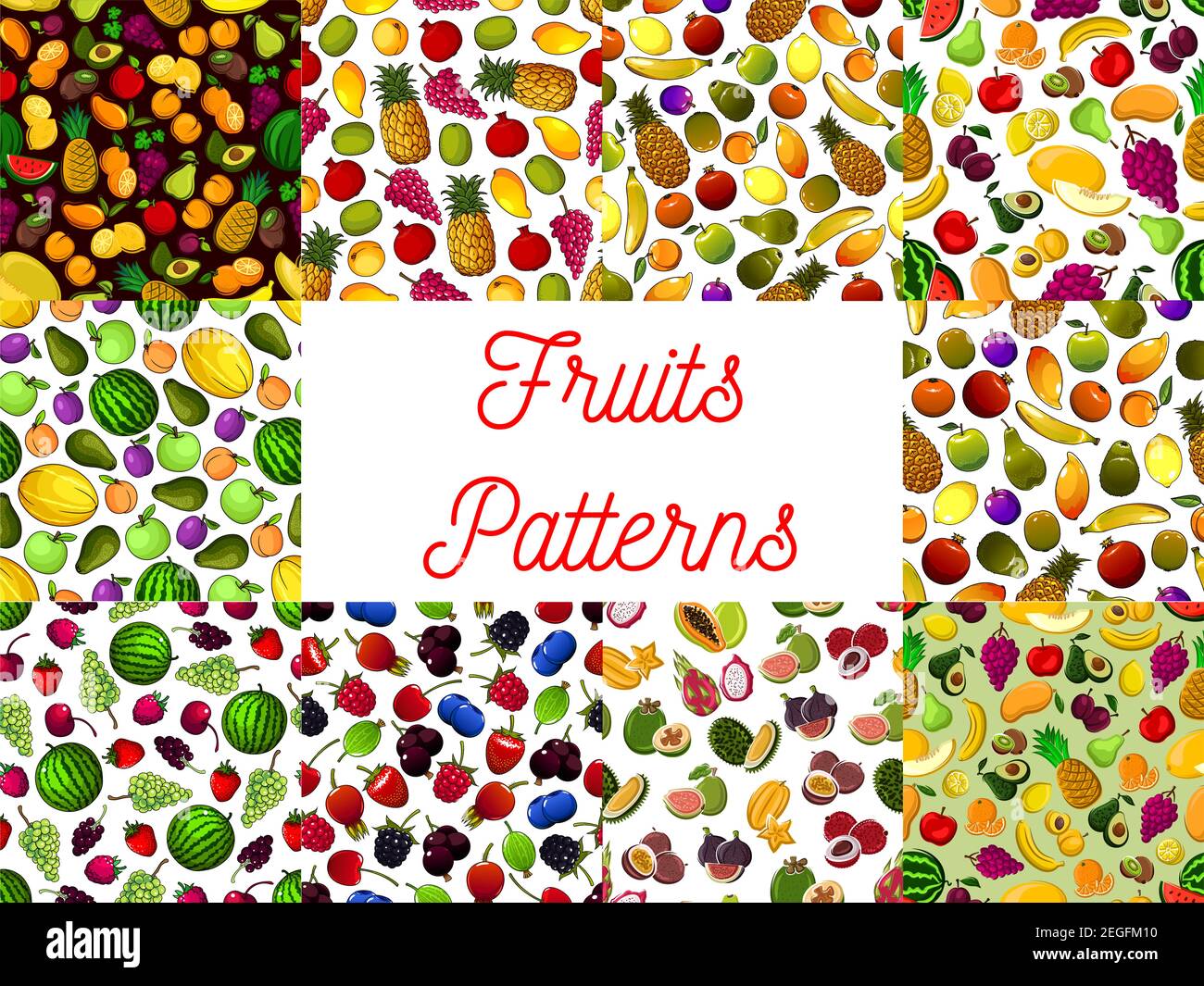 Ensemble de motifs sans couture aux fruits et aux baies avec fraisier frais, pomme, cerise, banane et orange, ananas, citron et framboise, poire, kiwi et pastèque Illustration de Vecteur