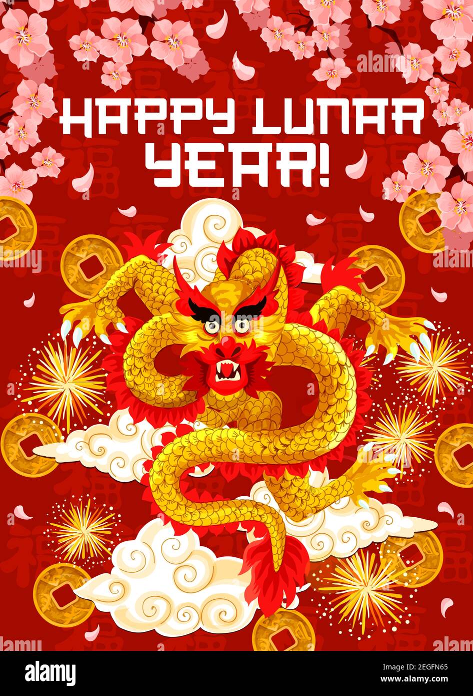 Carte de vœux du nouvel an chinois pour le motif du festival oriental du printemps. Dragon d'or avec feu d'artifice, pièce de monnaie et affiche de fête de nuage, orné de prune Illustration de Vecteur