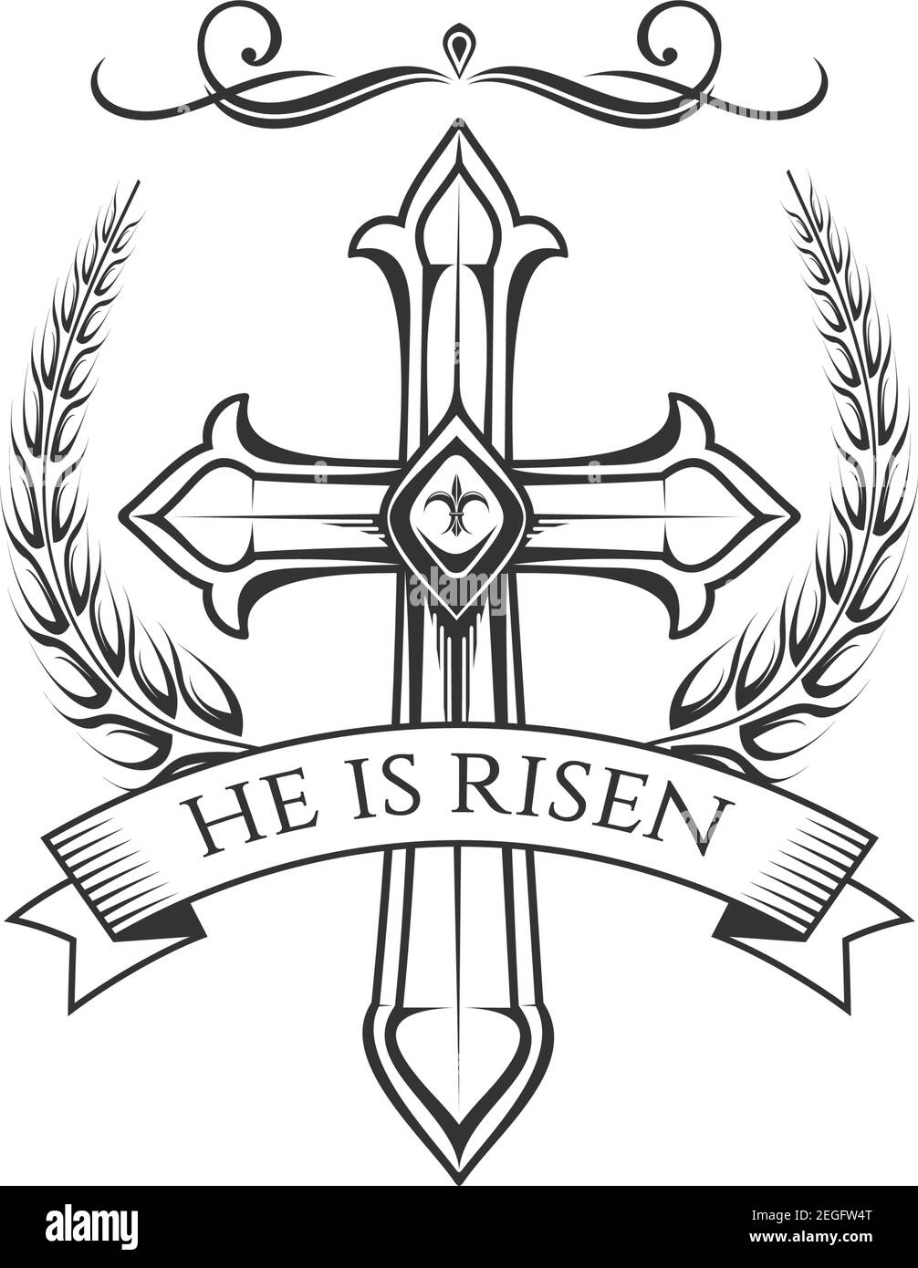Le jour de Pâques Résurrection le dimanche de célébration icône de lui est ressuscité croix crucifix dans le ruban ornementé. Vecteur isolé symbole de la croix chrétienne de crucifixion Illustration de Vecteur