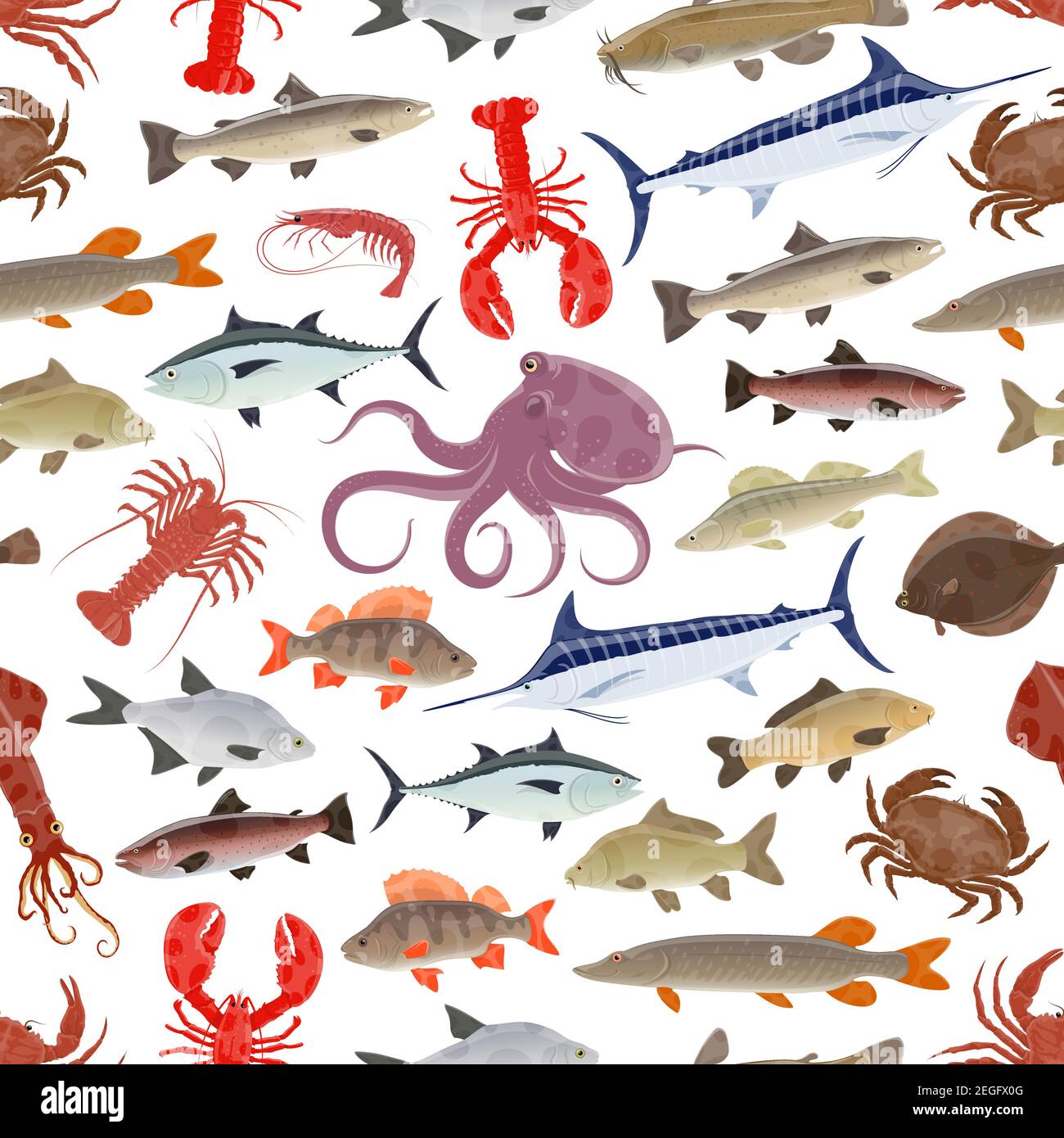 Poissons et fruits de mer fond de motif sans couture avec la mer et l'animal de l'océan. Saumon, crabe et pieuvre, crevettes, calmar et homard, marlin, thon et carpe, tr Illustration de Vecteur