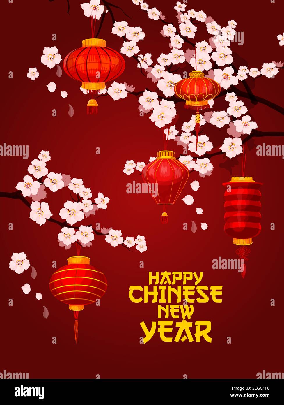 Carte de vœux chinoise du nouvel an avec lanterne en papier rouge et fleur de prune. Lampe Oriental Spring Festival avec décoration de pièce de monnaie, branche en fleur et broche Illustration de Vecteur
