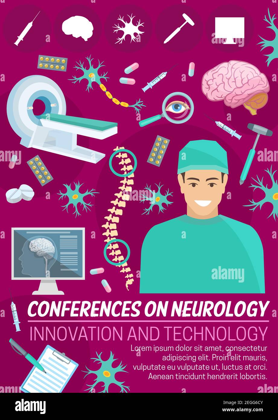 Bannière Neurology Medicine pour modèle d'invitation à une conférence médicale. Affiche du médecin de l'hôpital neurologue avec icône du cerveau, du neurone et de la colonne vertébrale, pilule, s Illustration de Vecteur