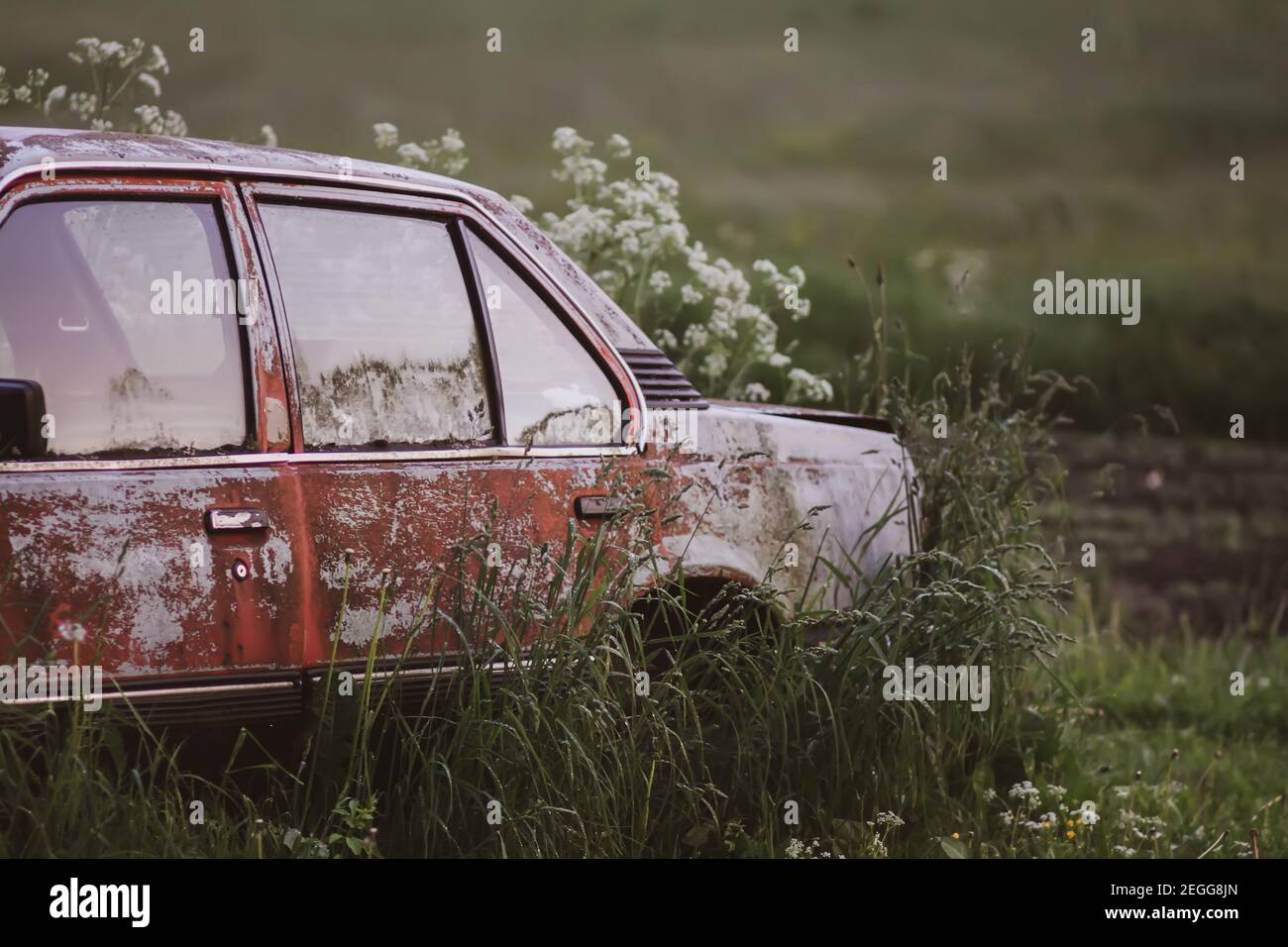 Abandonné od rustique voiture soviétique n ild herbe dans la campagne Banque D'Images