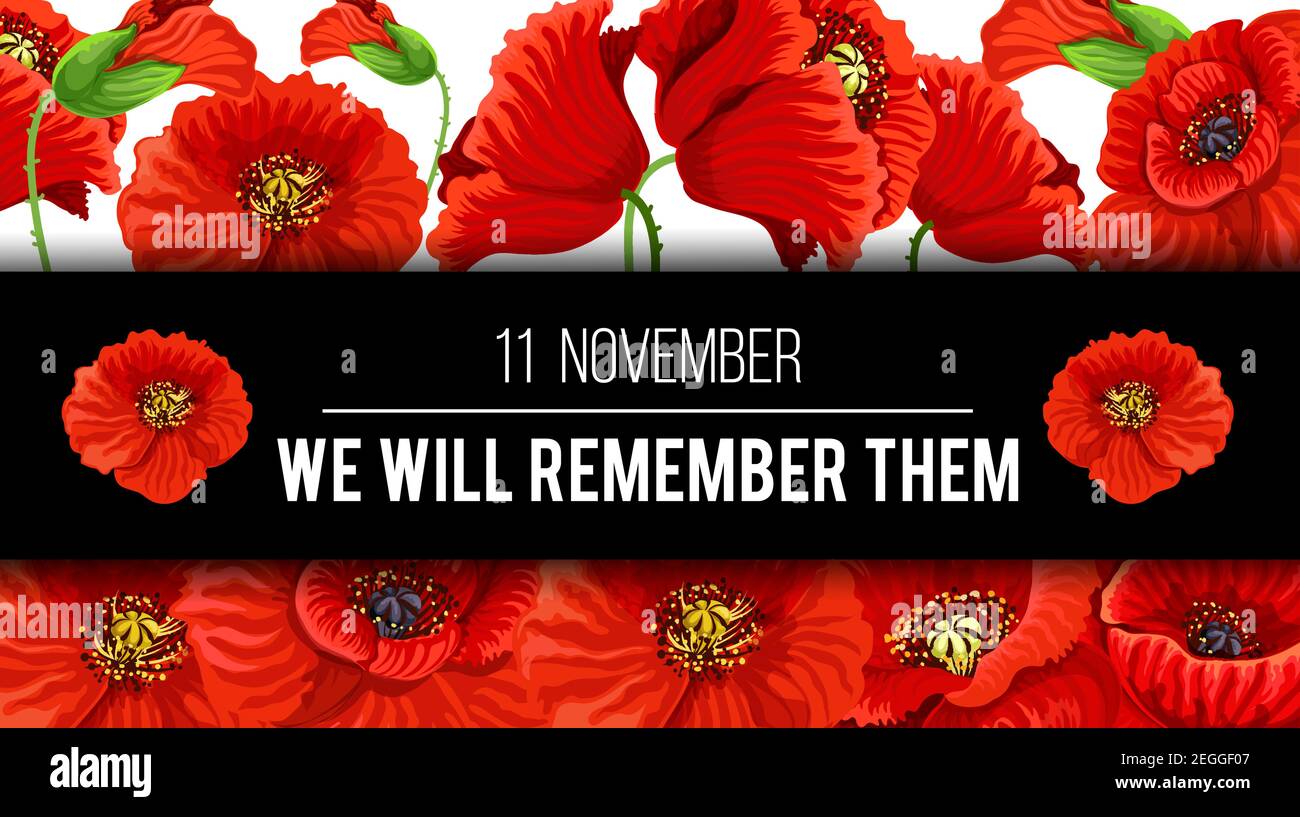 Fete Du Souvenir Lest Nous Oublions Le 11 Novembre Salutation Banniere Ou Carte De Fleurs De Pavot Et Citation Sur Ruban De Memoire Noir Motif Vecteur Coquelicot Pour Commonwe Image Vectorielle Stock