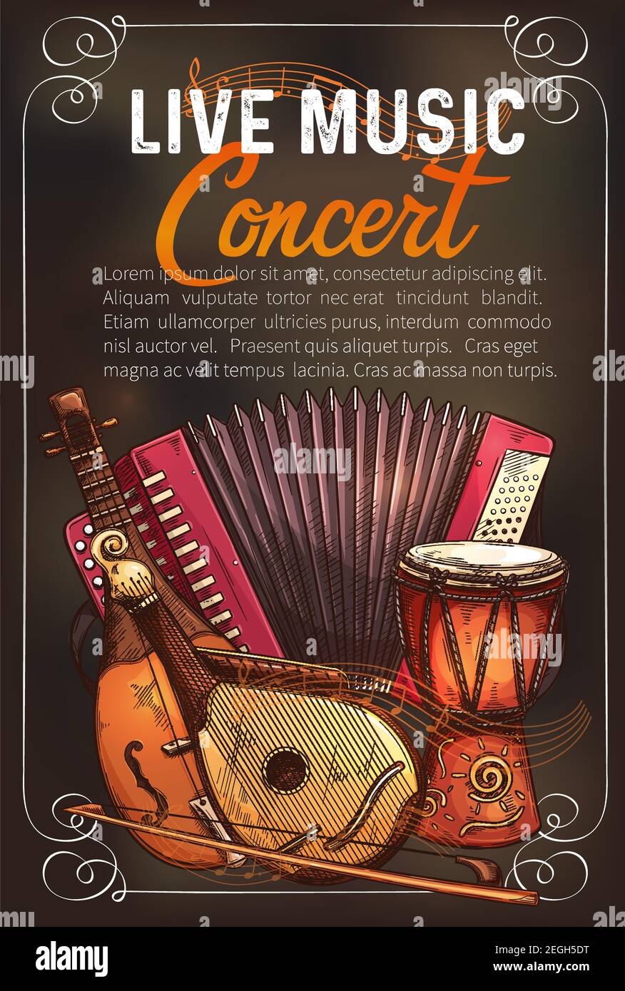Affiche de croquis de concert de musique live avec instruments de musique. Dessin vectoriel de l'accordéon à bouton musical, de la bandura populaire et de la alto de rebec, tambour de jembe africain Illustration de Vecteur