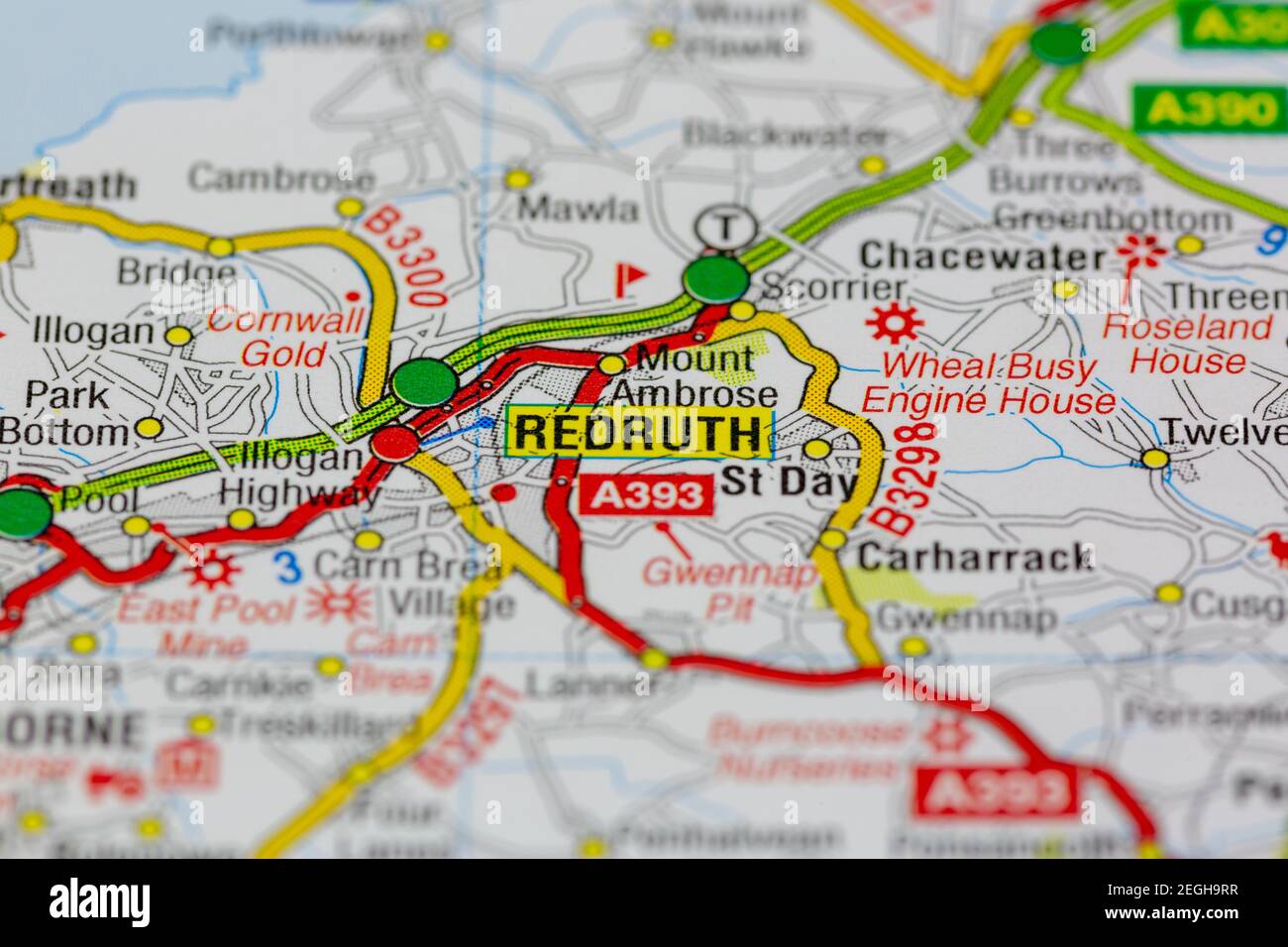 Redruth et les zones environnantes affichées sur une carte routière ou carte géographique Banque D'Images