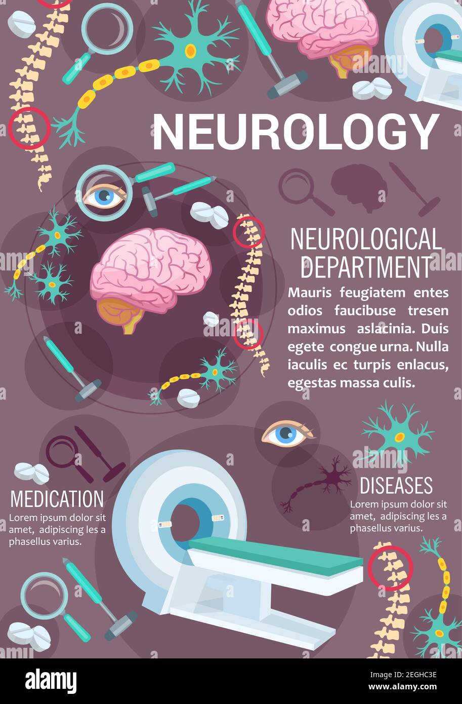 Bannière clinique de diagnostic des maladies neurologiques avec icône d'examen médical. Outil neurologue et affiche d'examen IRM avec neurone, cerveau, colonne vertébrale et ip Illustration de Vecteur