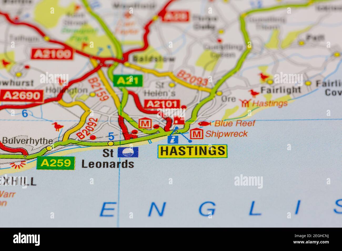 Hastings et ses environs sont indiqués sur une carte routière ou carte