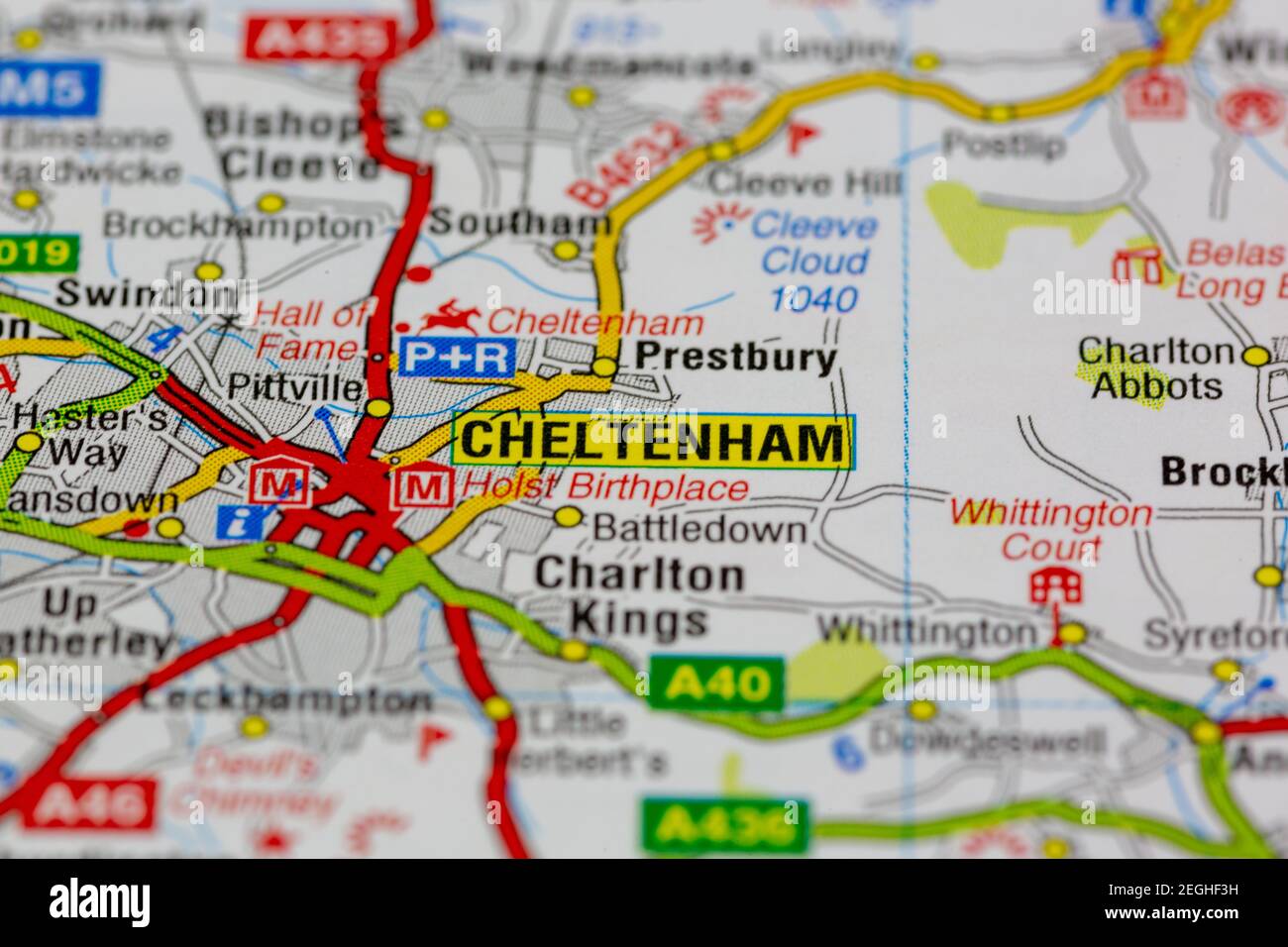 Cheltenham et les environs indiqués sur une carte routière ou carte géographique Banque D'Images