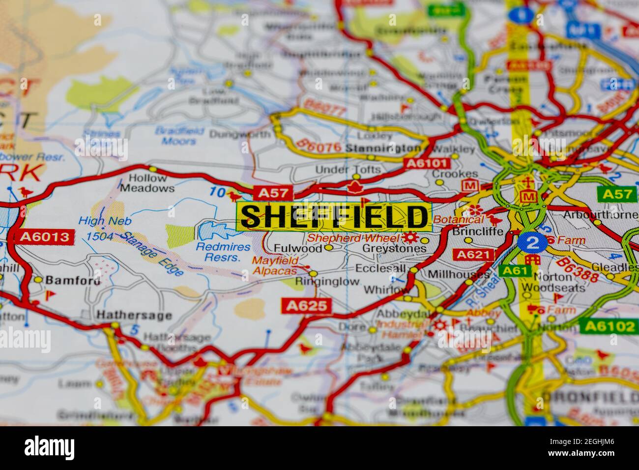 Sheffield et ses environs sont indiqués sur une carte routière ou carte géographique Banque D'Images