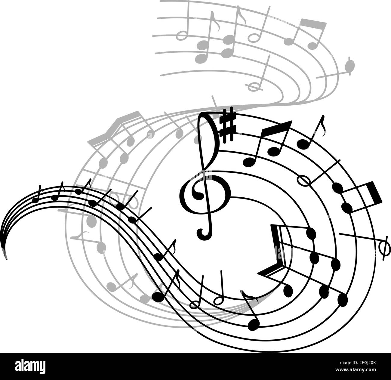 Note de musique icône de symboles de notation musicale. Le personnel musical tourbillonnant avec des notes de durée différente, des aigus et des signes nets du signe clé Illustration de Vecteur